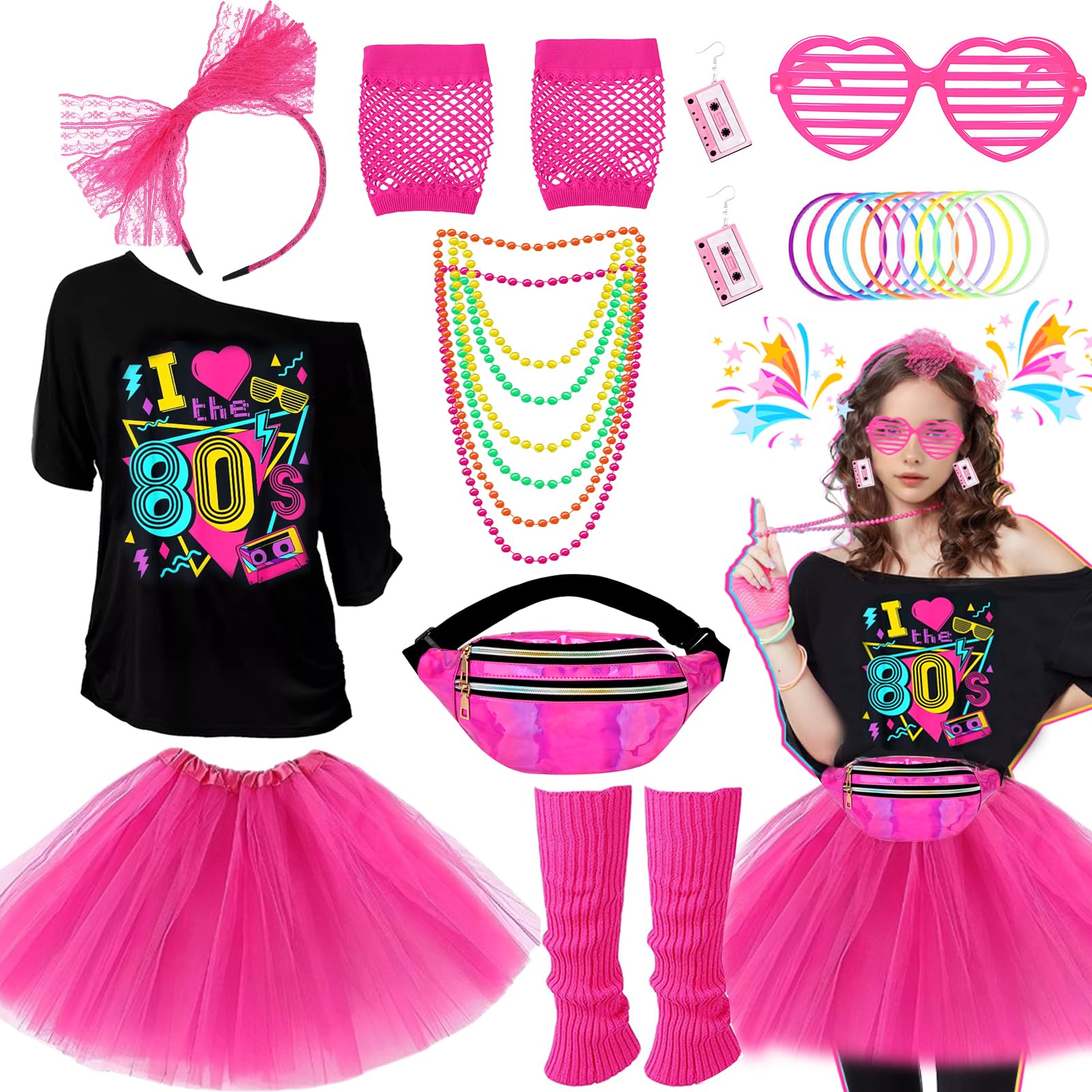 80s Fancy Dress Accessories for Women, Including T-Shirt Tutu Skirt Bumbag Leg Warmers Gloves Glasses Headband Earrings Necklace Bracelets 1980s Costume Outfits for Ladies Girls Hen Party
