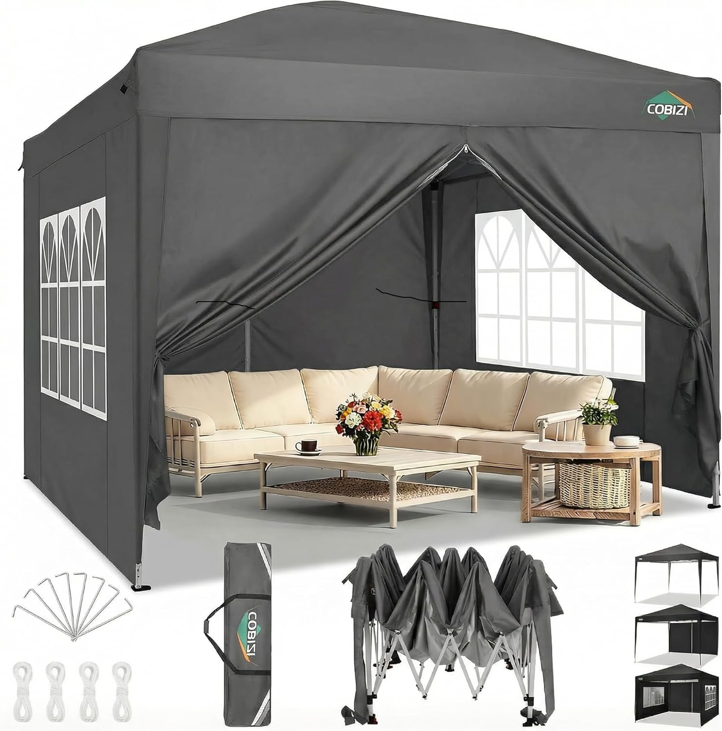 COBIZI 10x10 Pop Up Canopy Tent with 4 Removable Sidewalls, UPF 50+ Waterproof 10x10 Outdoor Portable Canopy for Commercial, Parties, Backyard, Beach with Carry Bag, Ropes, Stakes (Grey, 10'x10')