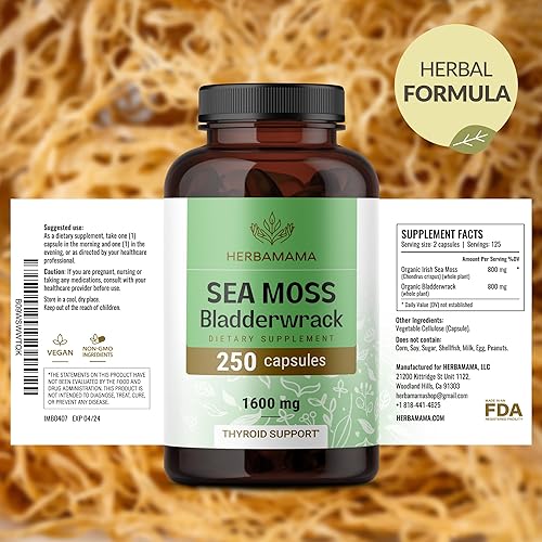 Miniatura 7 de Herbamama Cápsulas de musgo marino  Suplemento de vejiga de musgo marino para inmunidad, tiroides, salud digestiva y apoyo articular  Superalimento