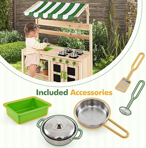 Miniatura 8 de INFANS Cocina de barro, cocina de juego al aire libre con grifo de toldo, estufas, accesorios de cocina, fregadero extraíble, juego de cocina para