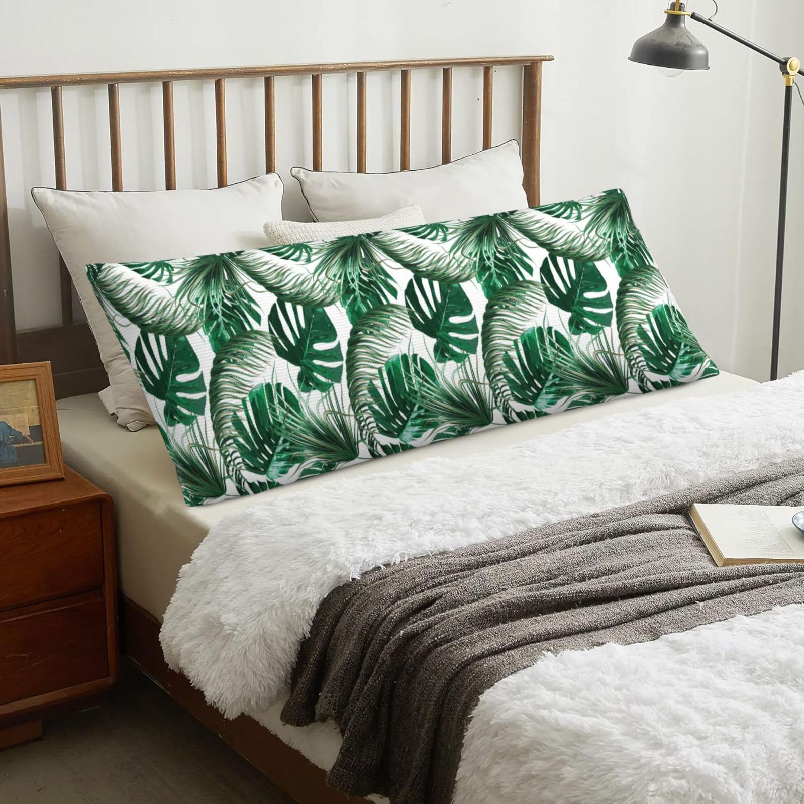 Tropical Green Palm Leaves Jungle Leaf, Body Pillow Cover with Zipper,Long Body Pillowcase 20 x 60 in
