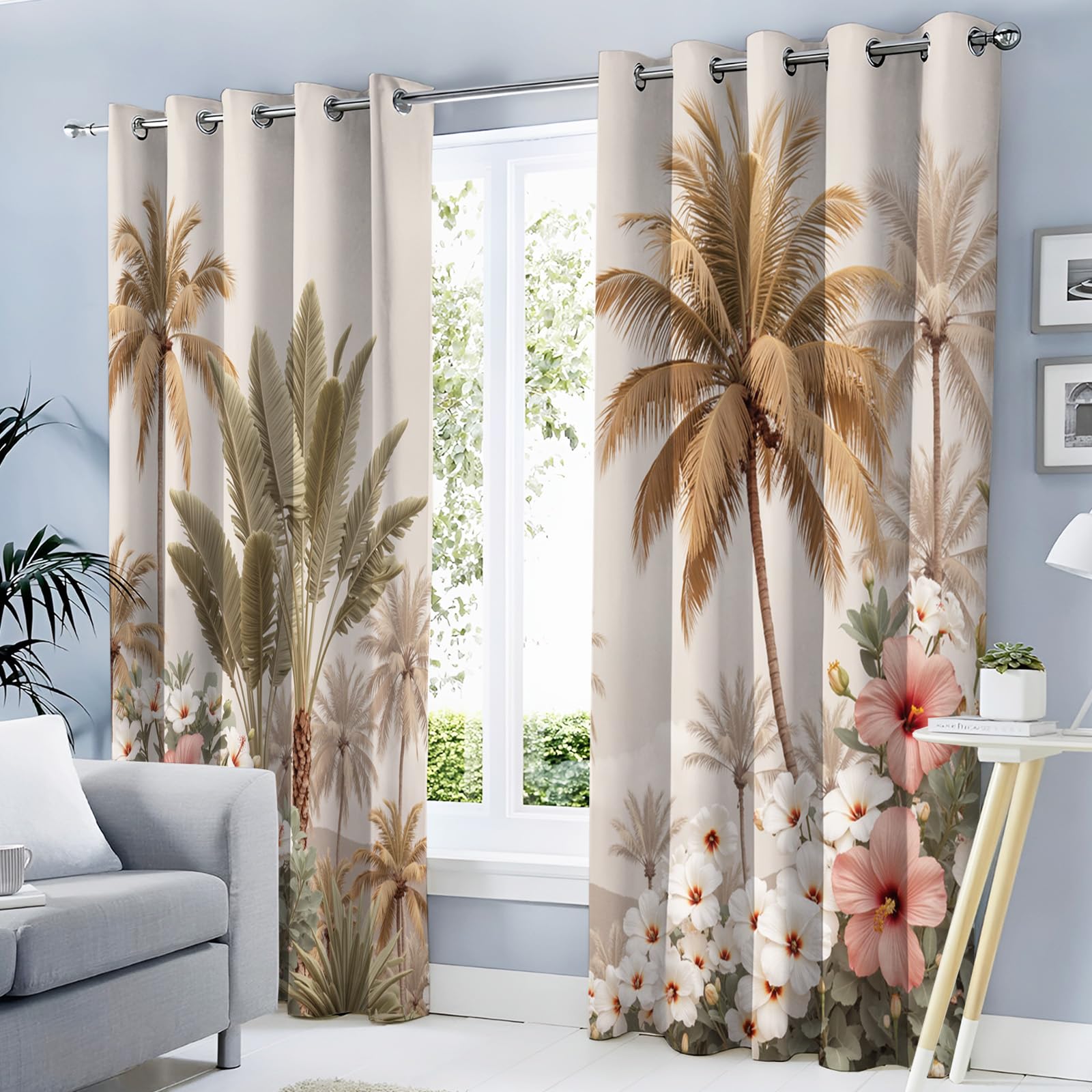 Rideaux à œillets hibiscus et palmiers beige 140x240 cm pour salon