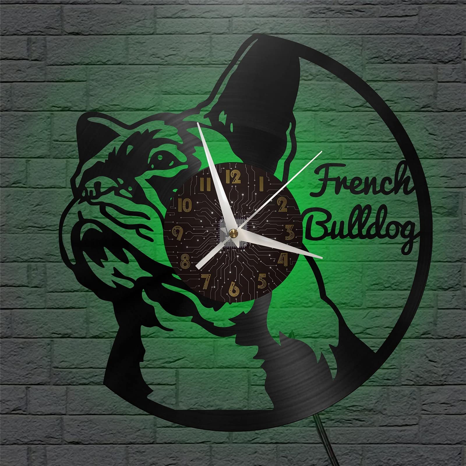 Vcs Brown French Bulldog Theme Vinyl Record Vintage Wall Clock For Kitchen(C,With Led)