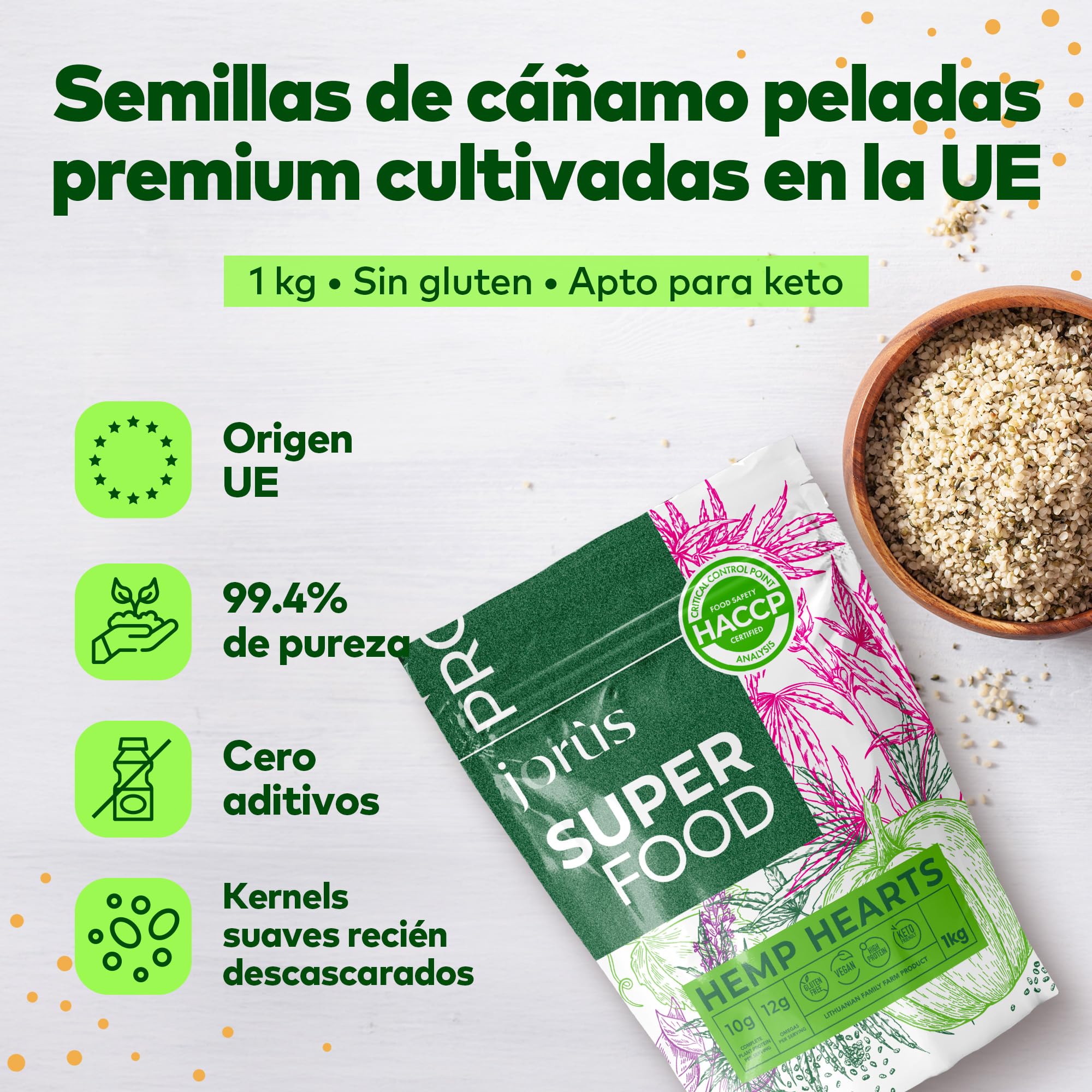 Jorus Semillas de Cáñamo Naturales Descascaradas y Crudas 1kg – Fuente Rica en Omega 3 y 6, Proteína y Fibra, Perfectas para una Dieta Saludable, Origen Europeo, Sin Aditivos - Hemp Seeds