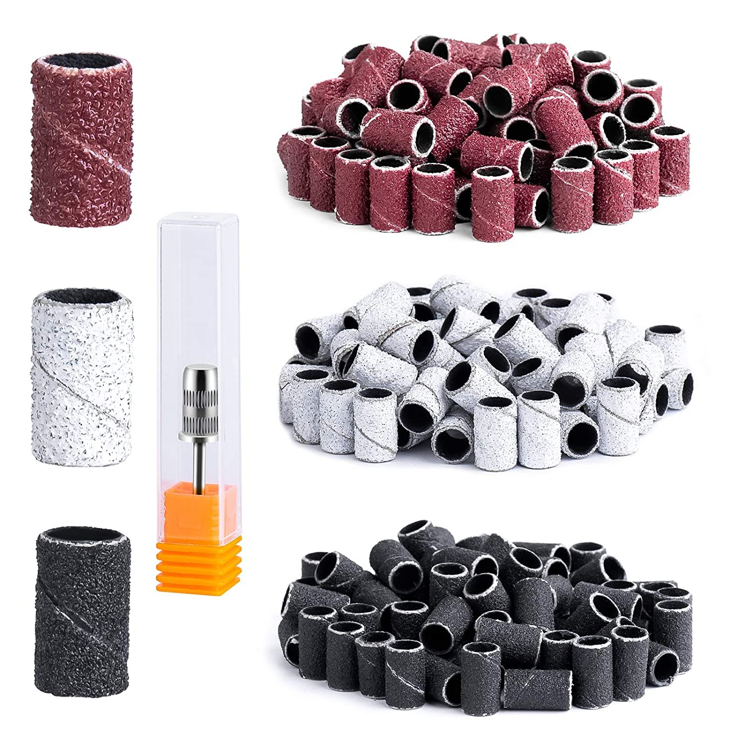 MelodySusie300 Pcs Professional Sanding Bands with Mandrel for Nail Drill, 80 Coarse, 120 Medium, 180 Fine Grit EFile Sand Piece Nail Drill Bits Set for Acrylic Nails Manicures and Pedicures
