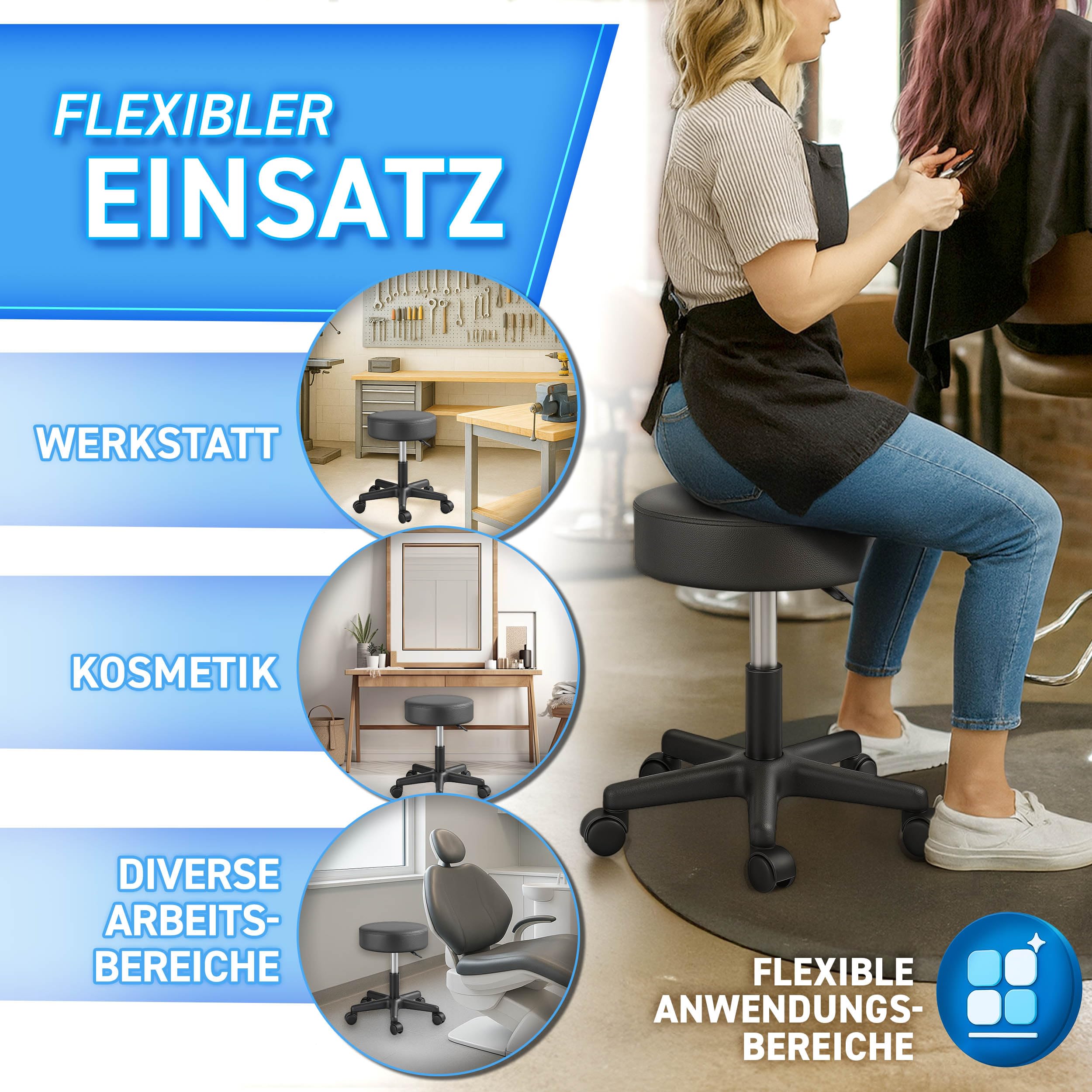 TRESKO Rollhocker höhenverstellbar Schwarz bis 150 kg | Hocker Drehhocker 10 cm Dicke Polsterung 47-60 cm Sitzhöhe | Arbeitshocker Bürohocker 360° drehbar mit Rollen