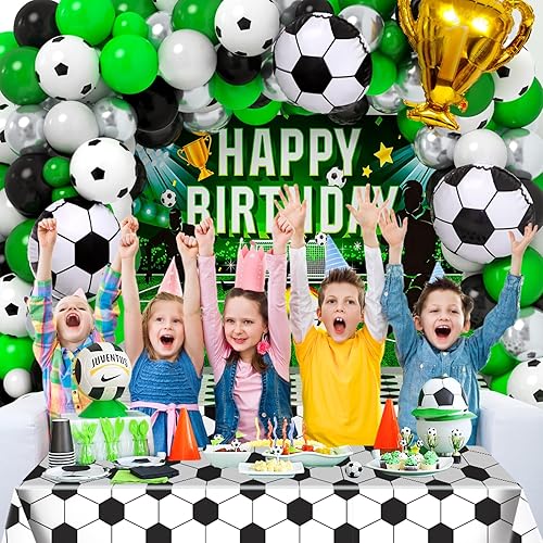 Miniatura 3 de Winrayk 123 piezas de decoración de fiesta de cumpleaños de fútbol, suministros de guirnalda de globos de fútbol con mantel de telón de fondo,