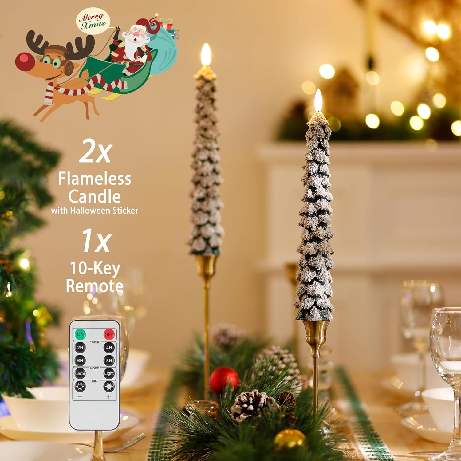 Christmas Tree Candles with 3D Wick, 11.4" Green Real Wax Flameless Taper Candles with Remote, Flickering LED Xmas Candlesticks Battery Operated Candle for Home, Party Decor, 2 Pack - Image 5
