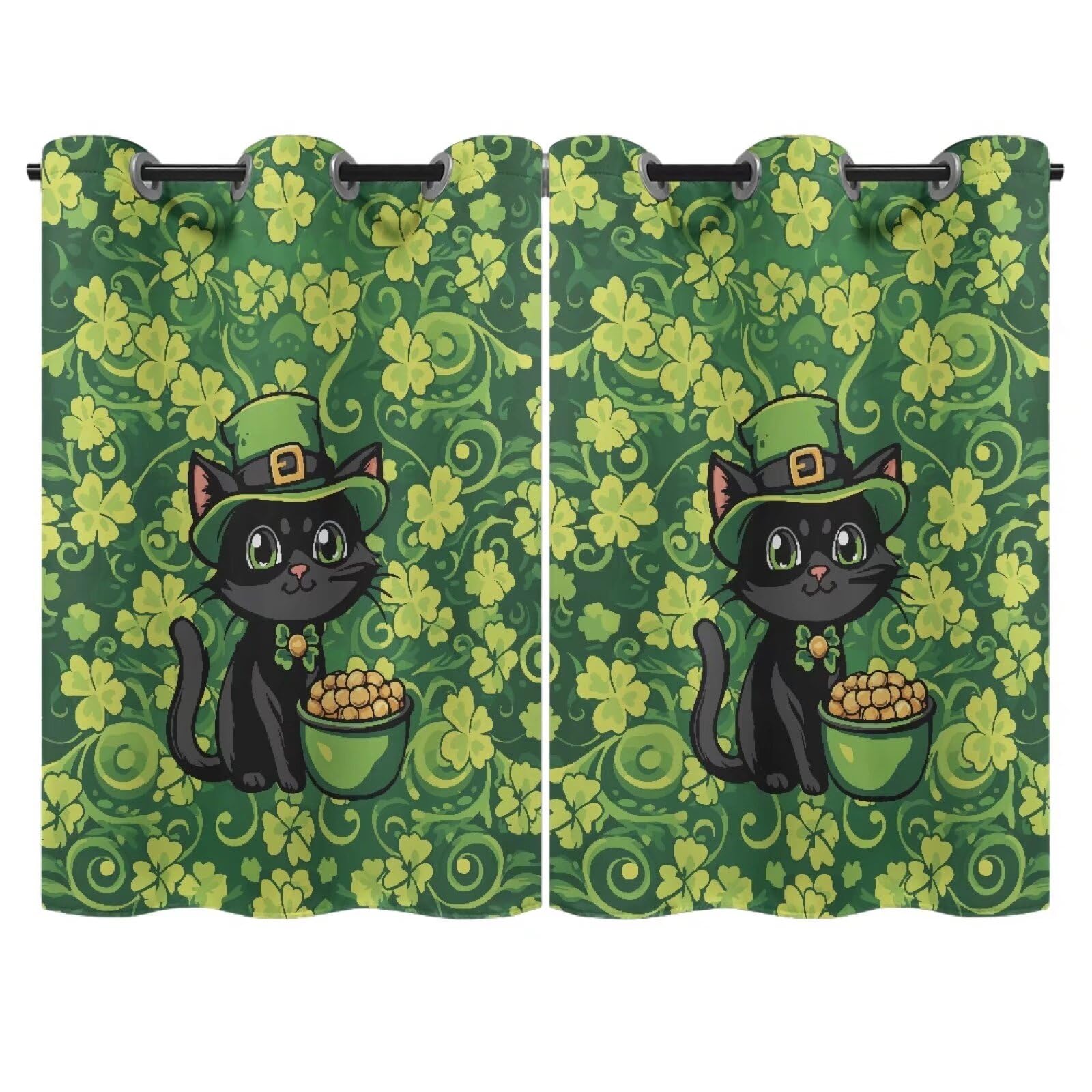 Yuresuaet Black Cat Blackout Curtains St Patrick's Day Curtains for Bedroom Rod Pocket Valance Curtains for Living Room Kitchen Office Nursery Curtains Light Blocking Curtains Treatment
