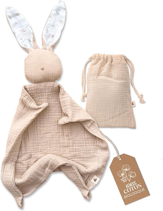 Mikito Doudou Plat Lapin en Mousseline de Coton Biologique GOTS
