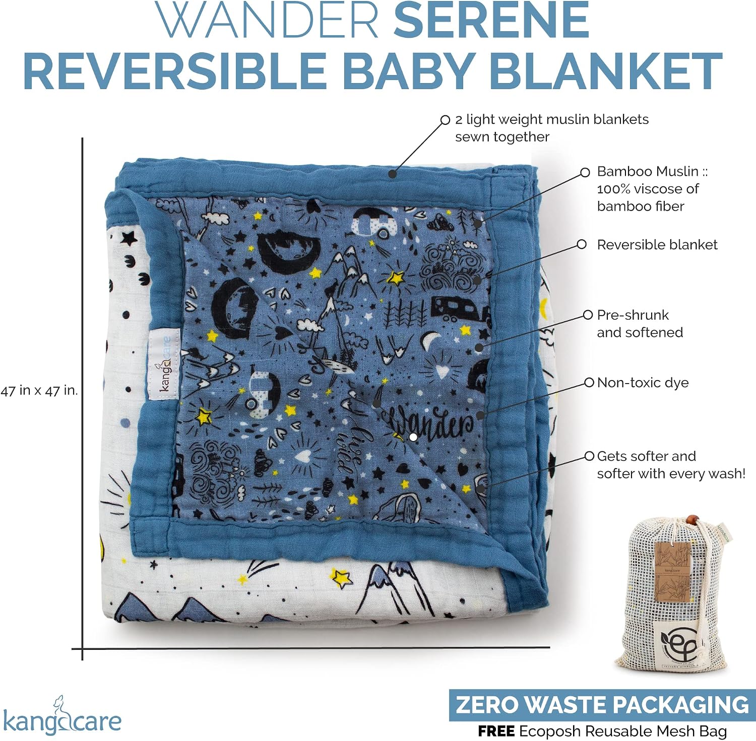 Kanga Care Serene Premium Viscose of Bamboo Muslin Double Layer Reversible Baby Blanket 47x47 - Wander