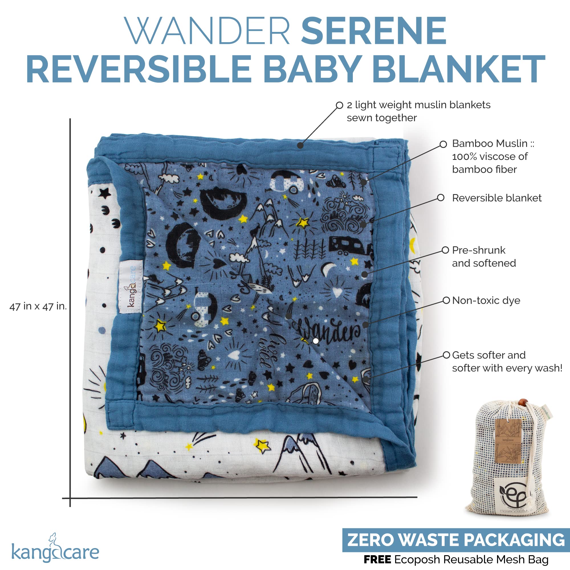 Kanga Care Serene Premium Bamboo Muslin Blanket - Reversible Double Layer 80x55 Inch Baby & Toddler Blanket (Unity Bee Design)