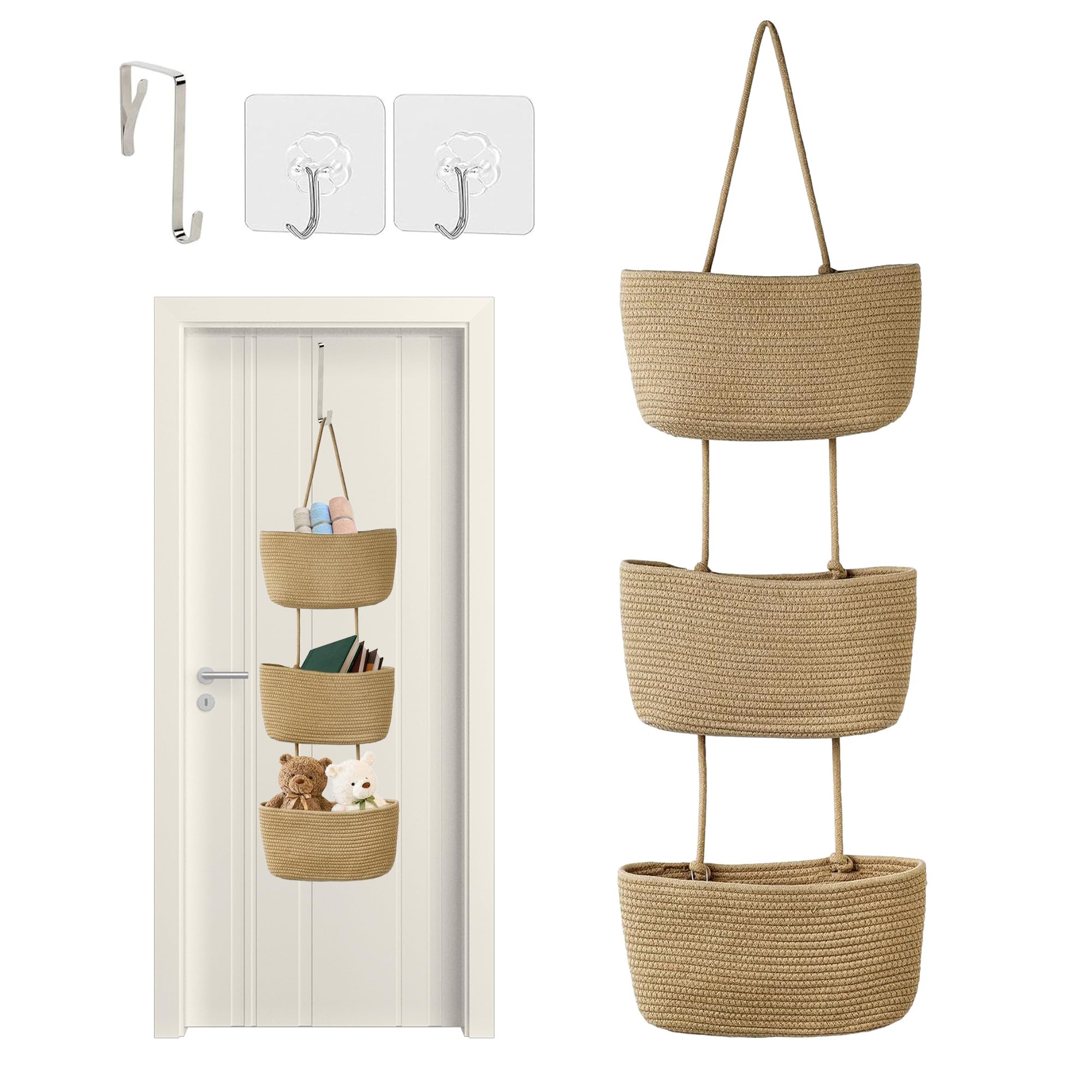3-Tier Woven Hanging Storage Baskets: Over The Door Hanging Basket