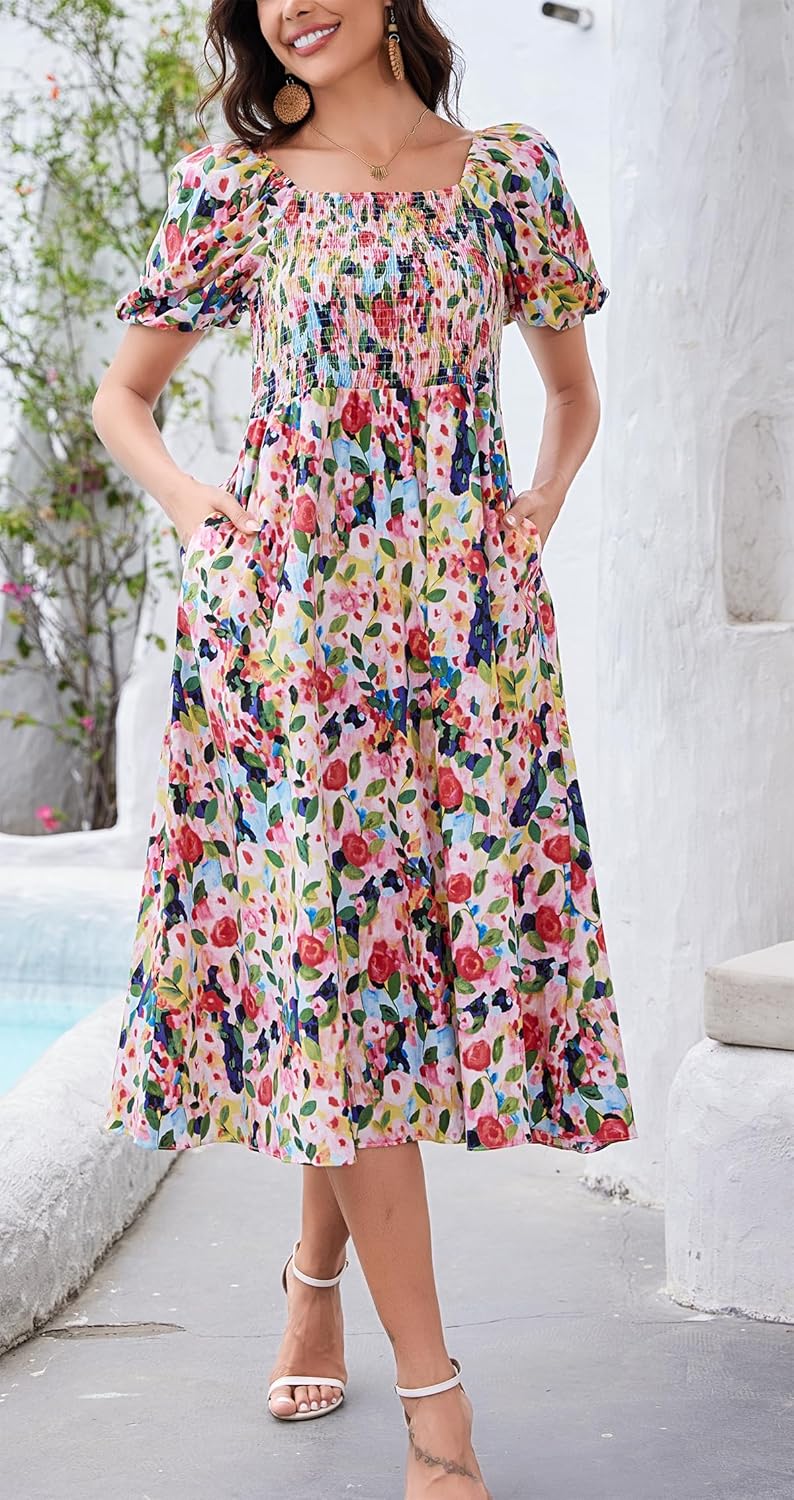 Women's Square Neck Floral Long Dress Puff Short Sleeve High Waist Smocked Midi Dress - Image 3