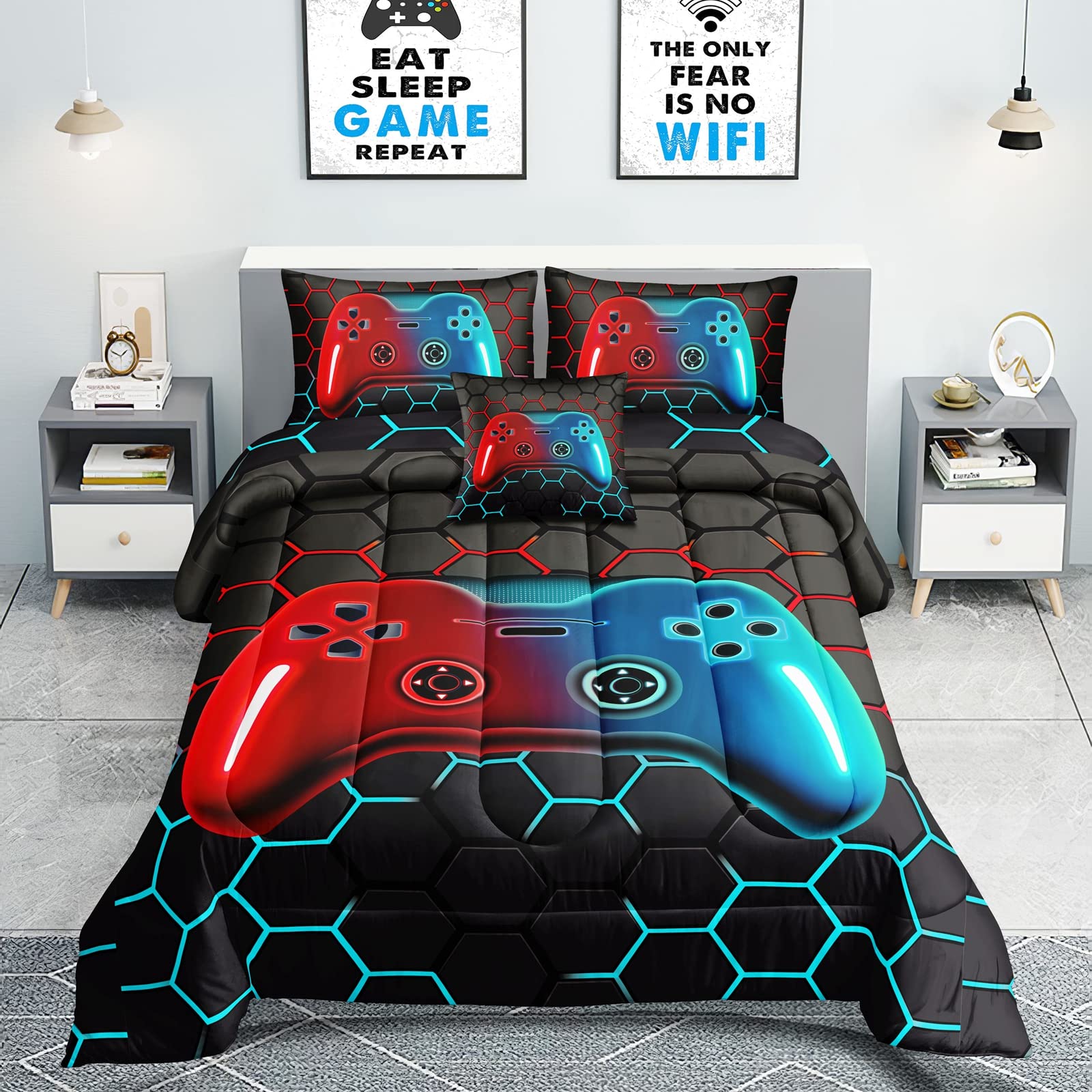 ROWADALO 5 Pieces Bed in A Bag Gamer Bedding Set for Boys Kids Adult Gaming Comforters Set,Boys Bed in A Bag Set Twin Size Comforter with Fitted Sheet