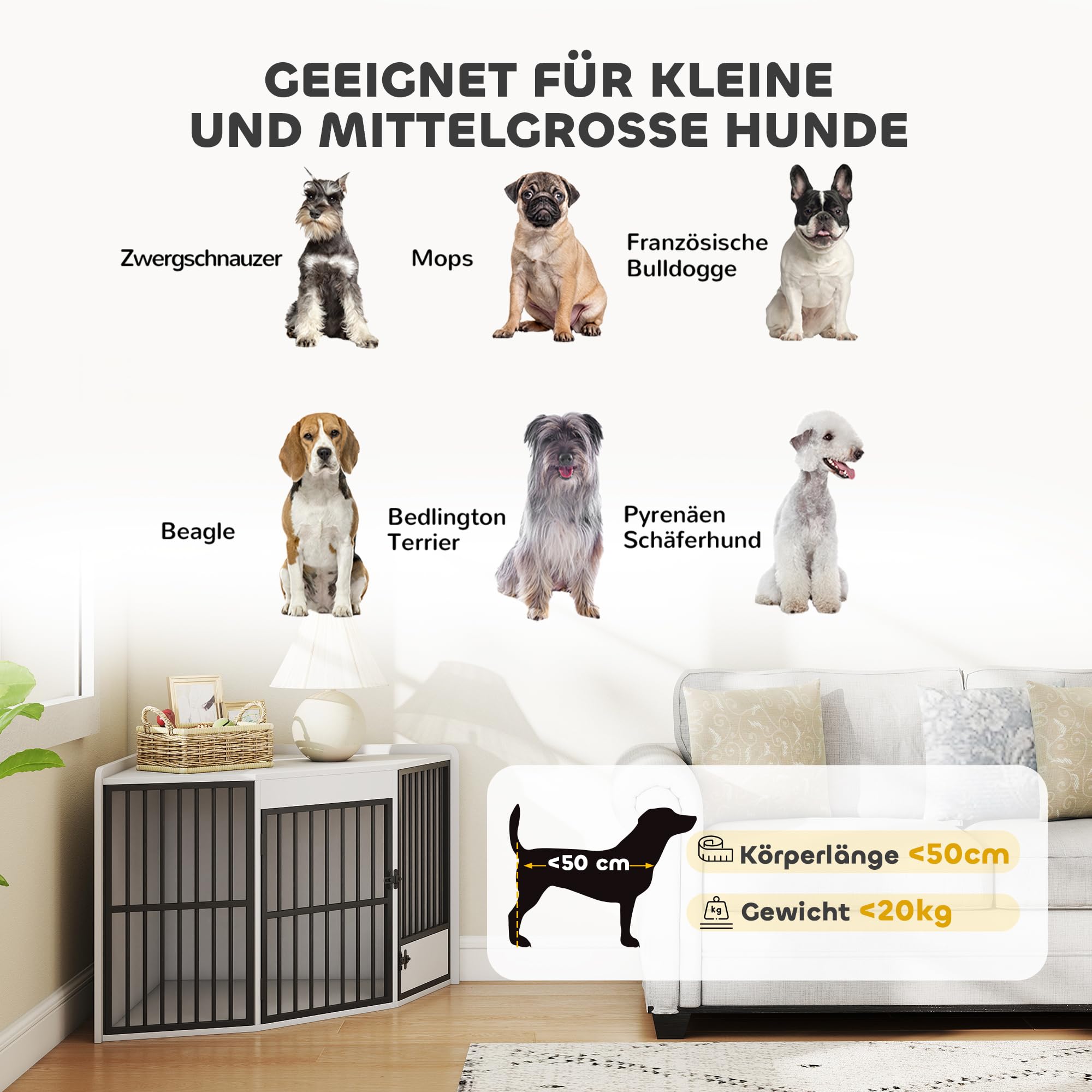 PawHut Eck-Hundekäfig Hundebox für Zuhause, Abschließbare Hundehütte Indoor mit drehbare Fütterungstür Hundehaus für kleine/mittlere Hunde Weiß 113 x 80 x 64 cm