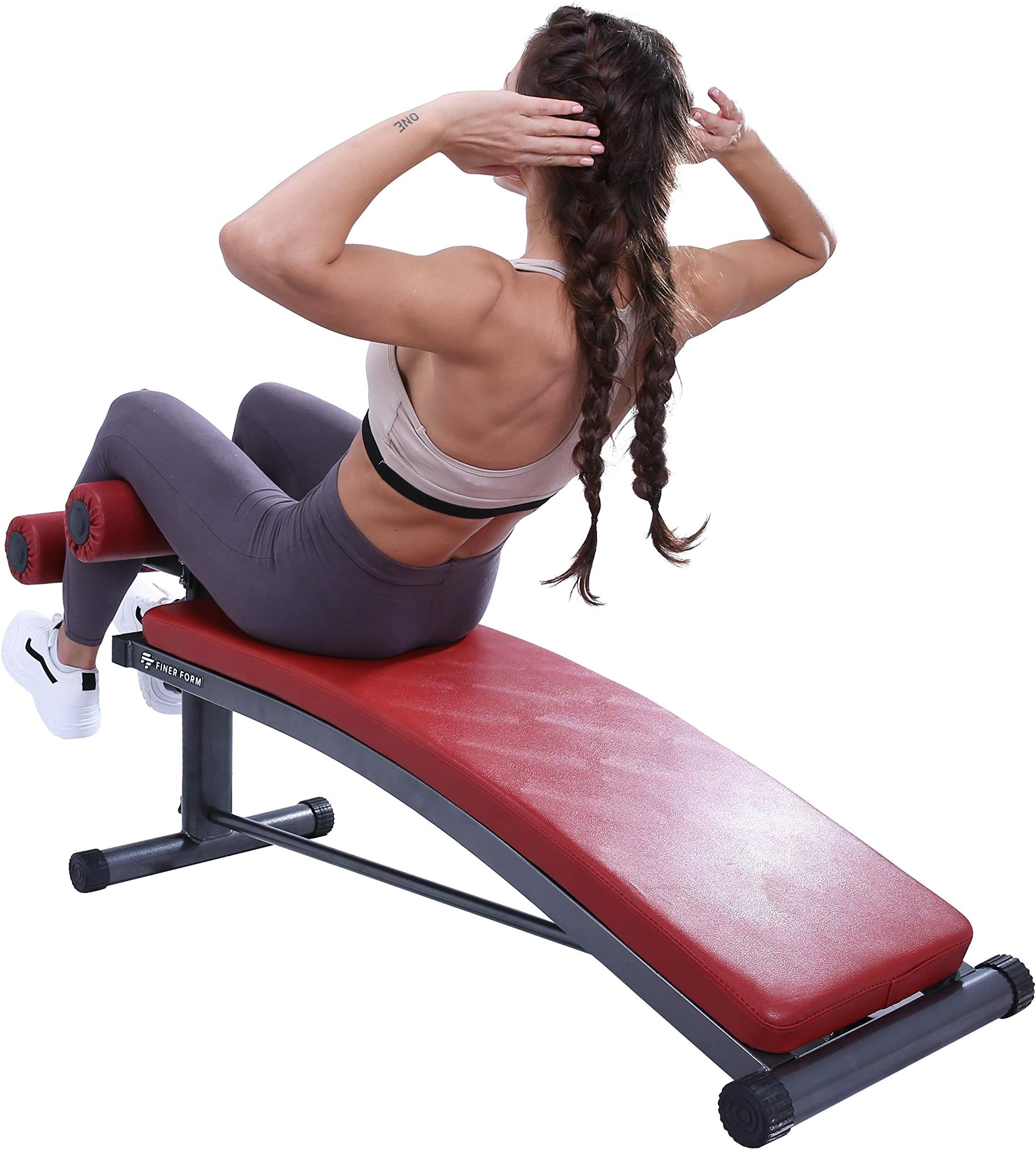 Finer Form Sit Up Bench with Reverse Crunch Handle for Ab Bench Exercises - Abdominal Exercise Equipment with 3 Adjustable Height Settings (Red)