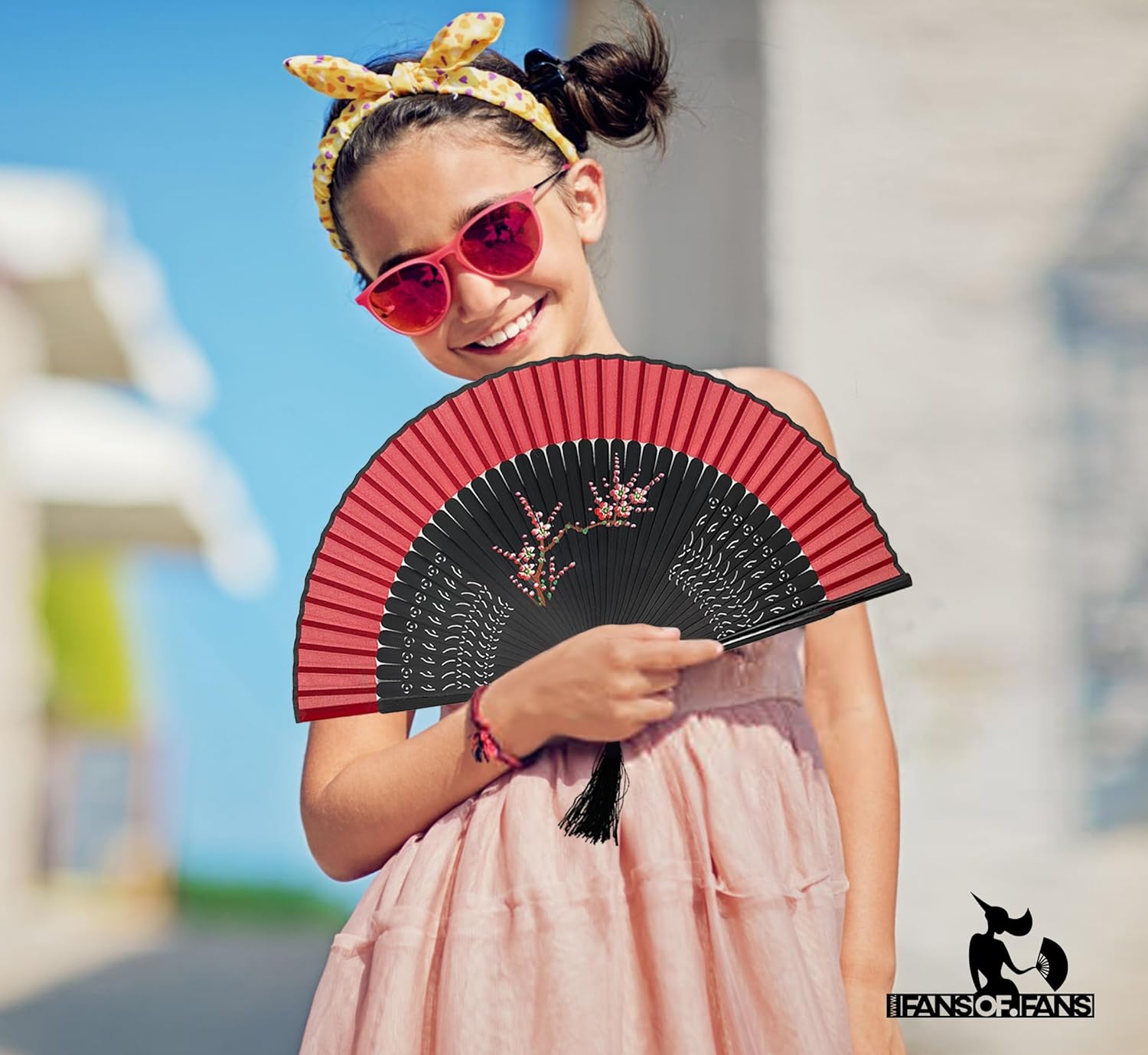 FANSOF.FANS Floral Red and Black Chinese Japanese Silk Fabric Handheld Folding Hand Fan with Pouch and Box Grade A Bamboo Ribs for Women Girls Dance Event Birthday Wedding Favor (Style 06)