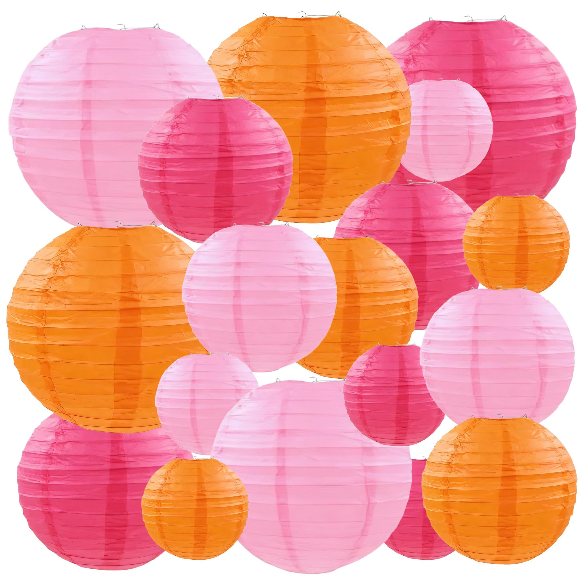 18Pcs Hot Pink and Orange Paper Lanterns Decorative, Round Hanging Paper Lanterns Decorations for Rustic Party Bridal Shower Wedding Birthday Home Decor