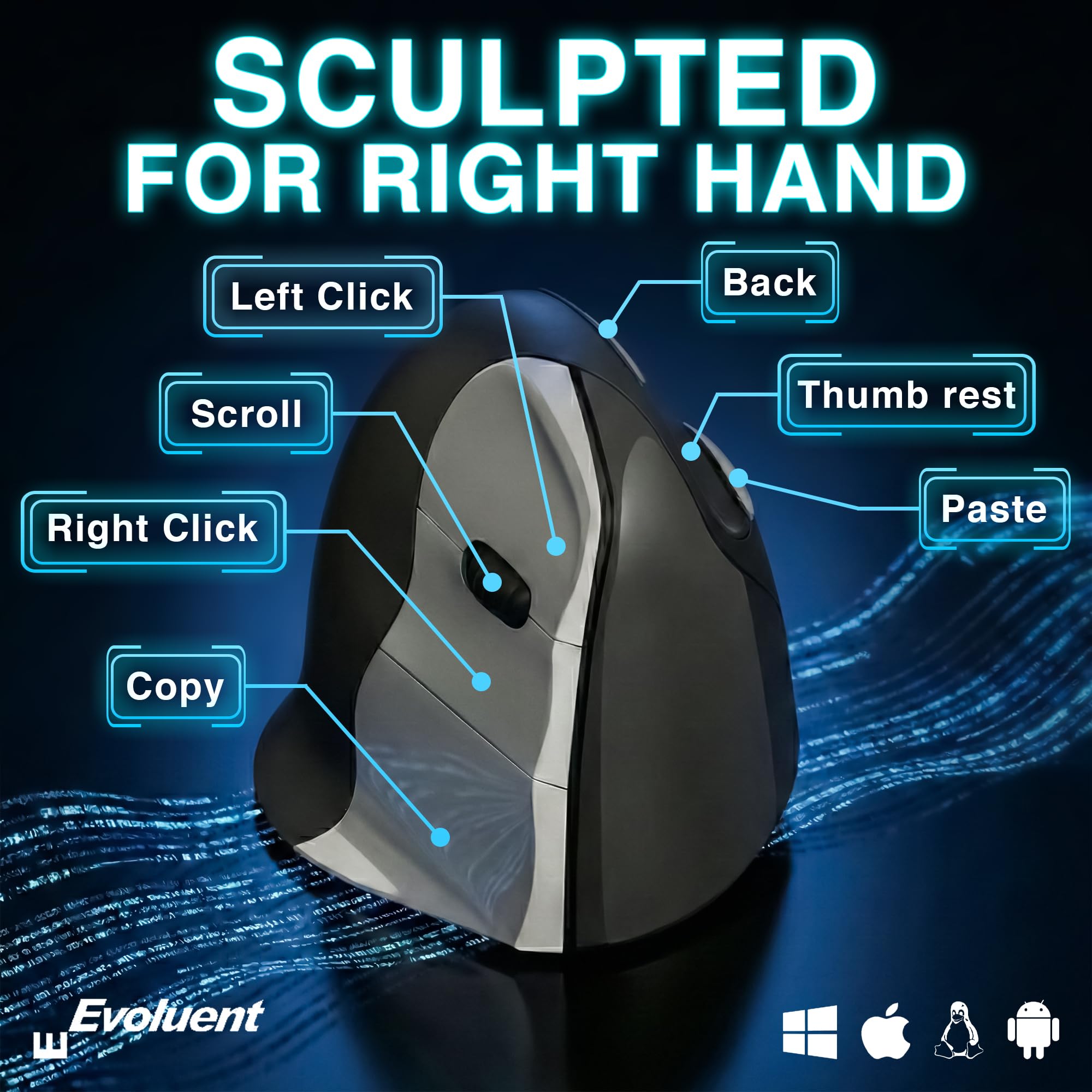 Evoluent – Inventor of The Vertical Mouse – VMC Vertical Ergonomic Mouse Wireless USB/Bluetooth Ergo Design for Right Hand M-L, Sculpted Comfort, 4 Speeds, Copy & Paste Buttons — view 3