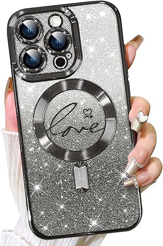 Vista 634 de Fiyart - Funda transparente magnética con purpurina para iPhone 12 para mujeres, con grabado "Love" metálico, protección para cámara y antigolpes