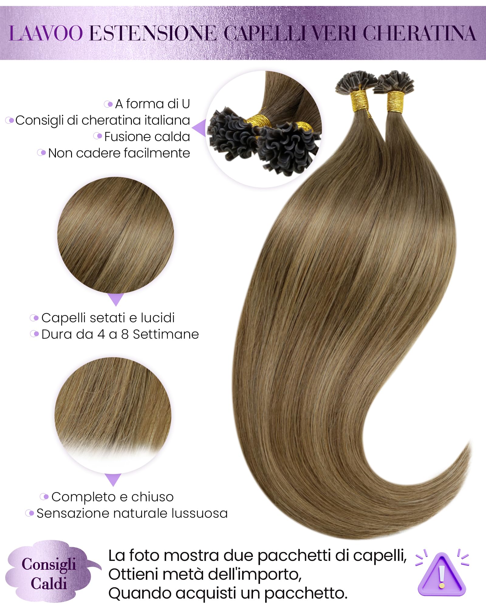 Totale 100g Extension Capelli Veri Cheratina con Extension Capelli Veri Biadesive Balayage Marrone Ombre a Marrone Chiaro 45cm