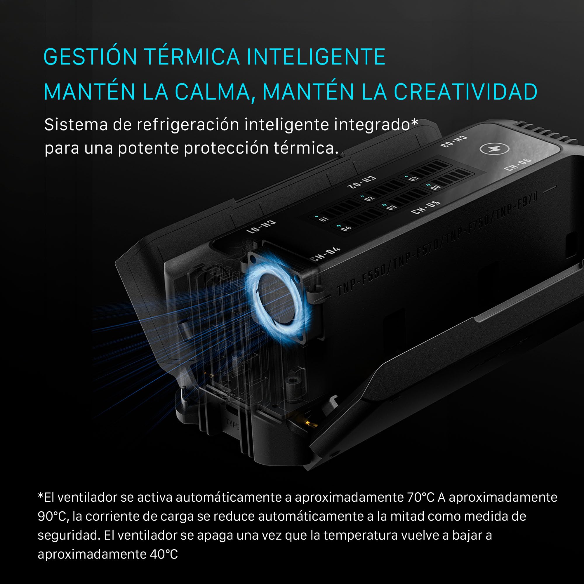 Tilta Cargador de batería NP-F, Compatible con Sony NP‑F970/F750/F570/F550 | Carga rápida 100W PD/QC,6 ranuras cargan 6 baterías,Refrigeración ventilador regula temp.