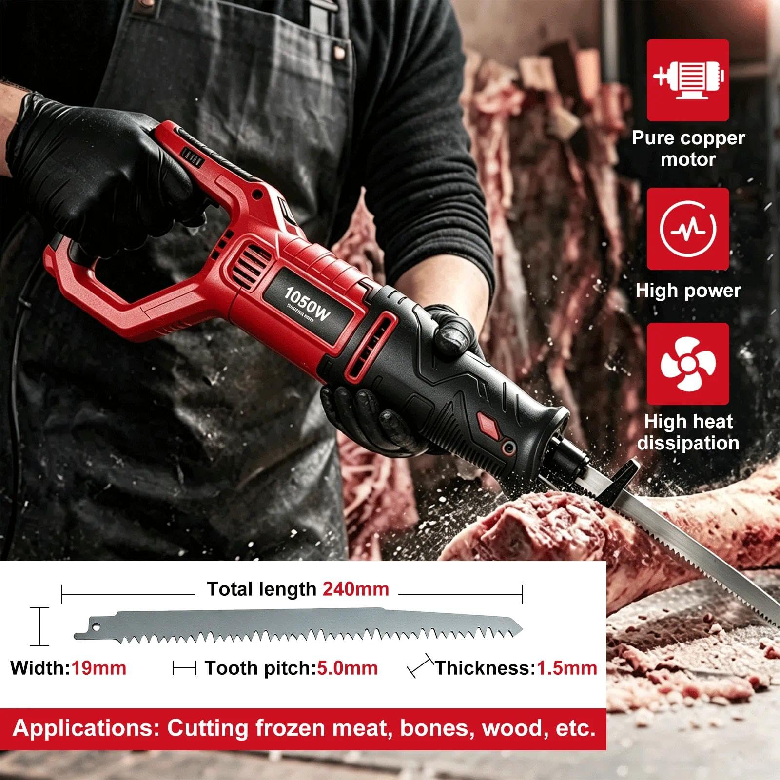 1050W Segaossa Elettrico per Carne con Lama per Sega 240mm(Rosso)