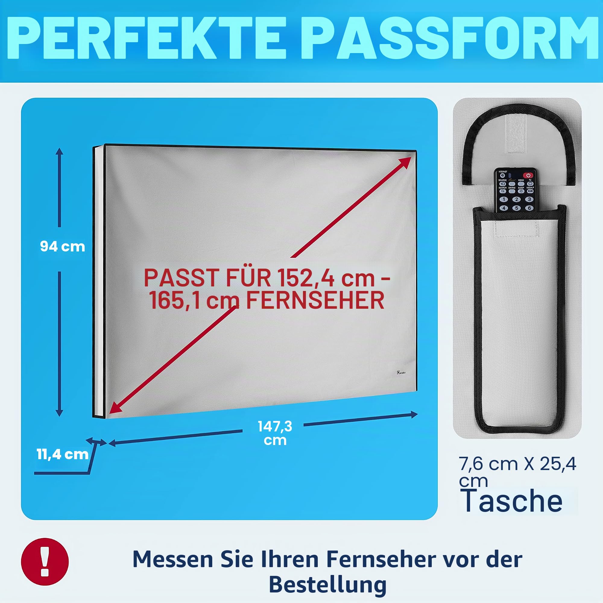 TV Abdeckung Outdoor 65 Zoll – Wetterfest Wasserdicht Staubdicht – Schutzhülle für Fernseher auf Terrasse, Balkon, Garten – UV-beständig – Robustes Oxford 600D