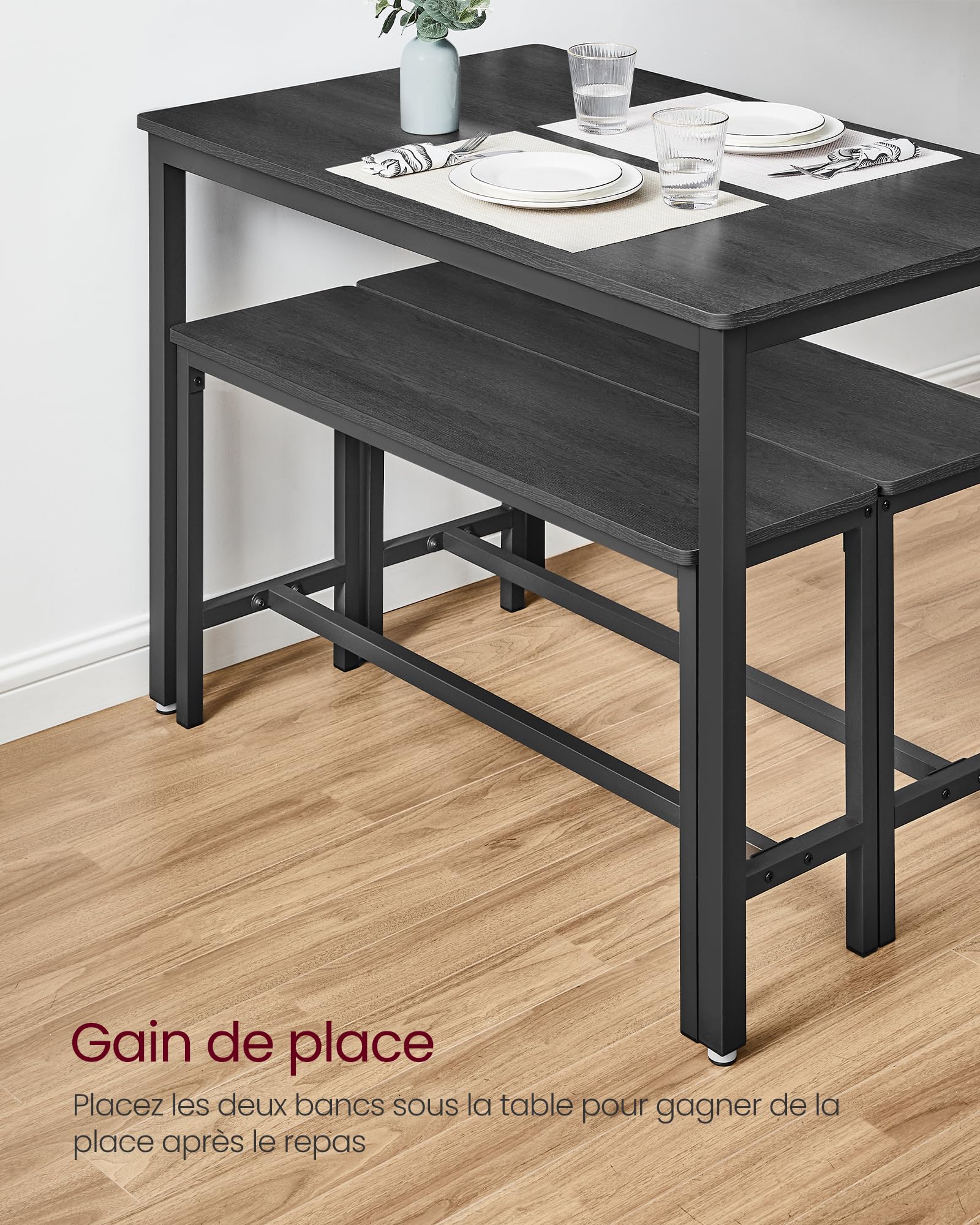 VASAGLE KDT070B21 Table de Salle à Manger avec 2 bancs, Table de Cuisine de 70 x 110 x 75 cm, 2 bancs de 30 x 97 x 50 cm chacun, Structure en Acier, Noir cendré et Noir d'encre
