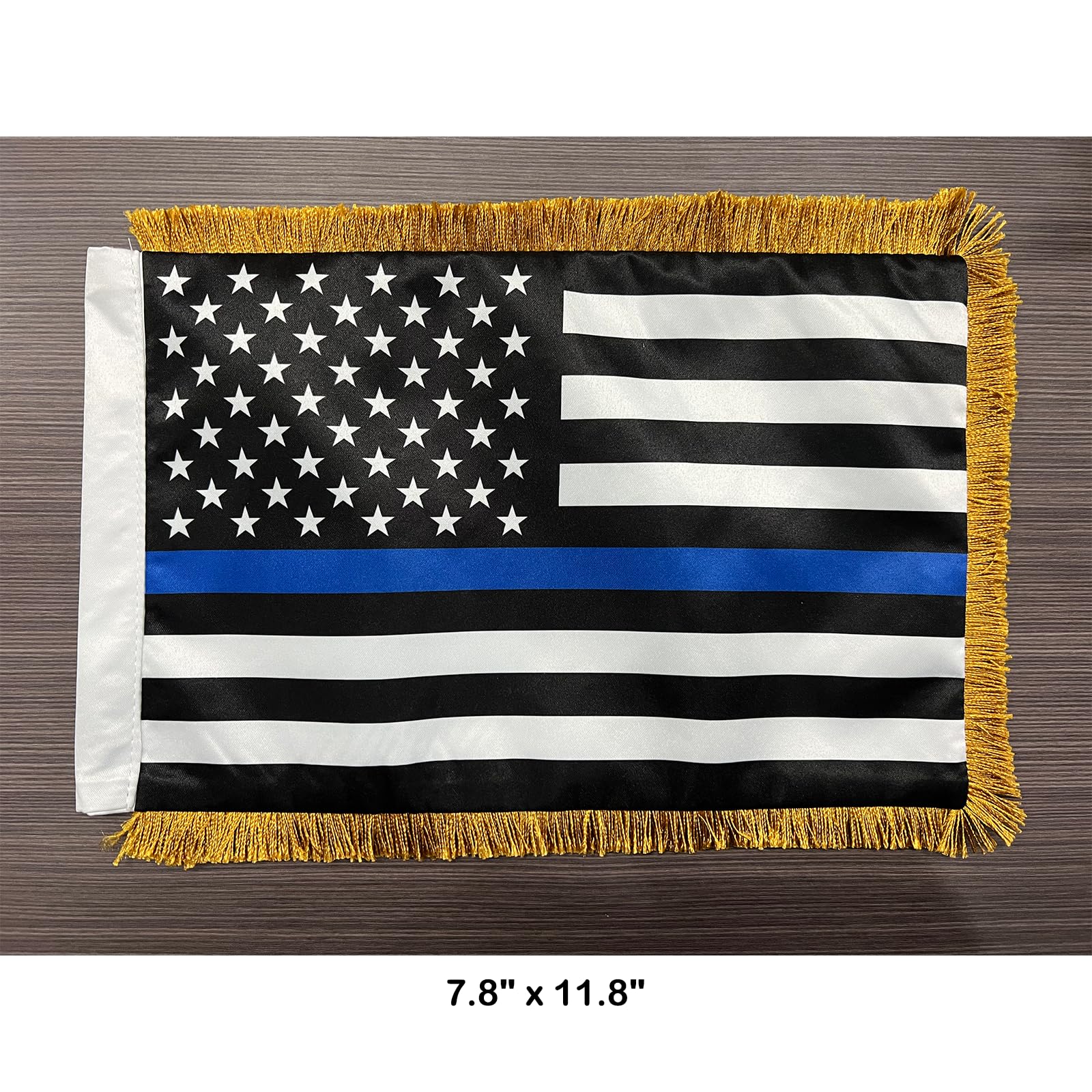 SYII Dünne blaue Tischflagge mit goldfarbenen Fransen, 20 x 30 cm, hergestellt in den USA, 2-lagig, doppelseitig, robuste Rückseite, blaue Polizei-Büro-Flaggen mit verstellbarem Ständer von 24,9 bis