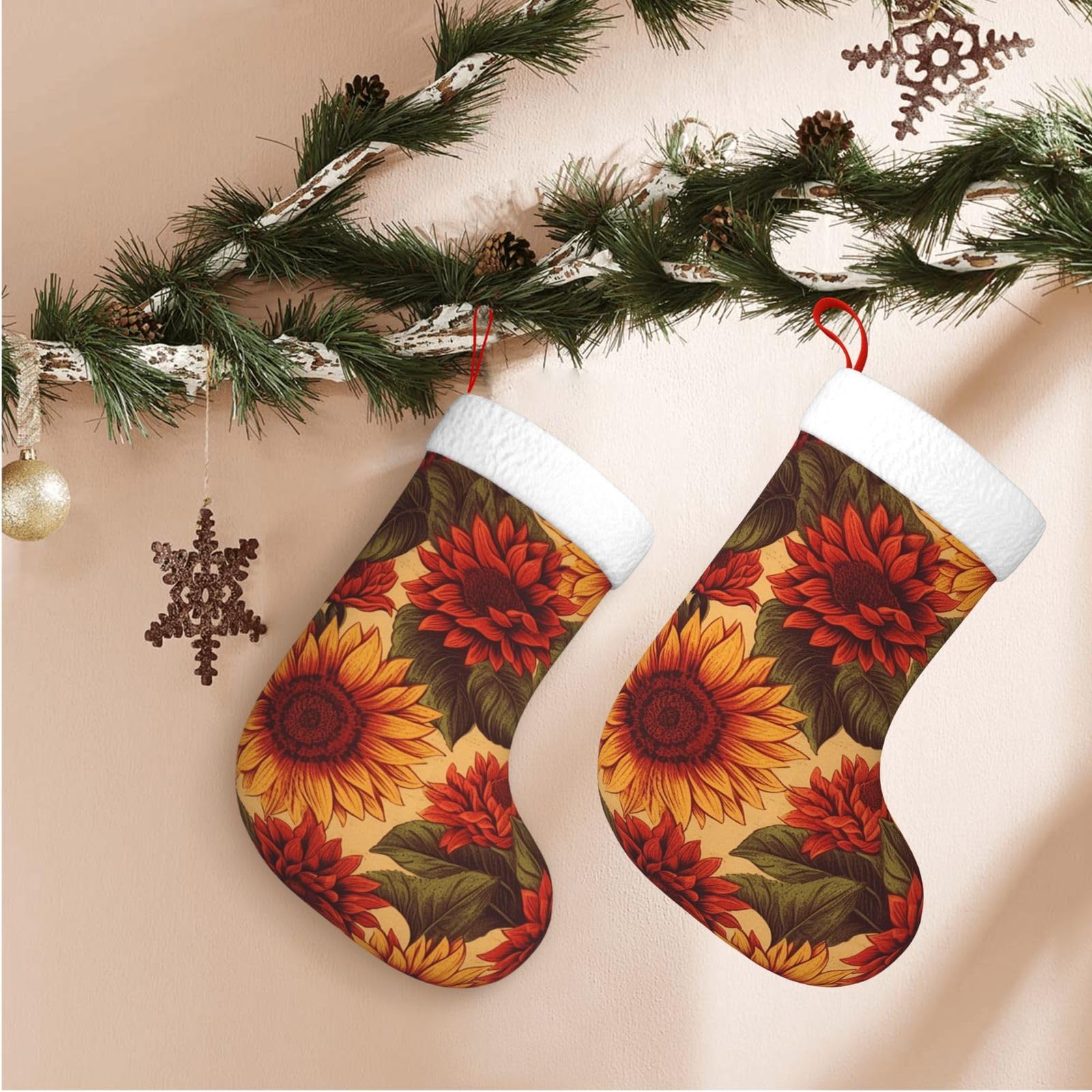 Red Sunflower Christmas Stockings Velvet Xmas Fireplace Hanging Stocking with Plush Cuff Rustic Christmas Santa Stockings for Home Christmas Decorations Party Favor Supplies