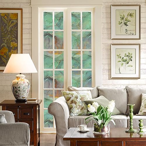 Miniatura 6 de DKTIE Película de privacidad para ventana con textura de mármol, con herramientas de instalación, adherencia estática sin pegamento para ventana,