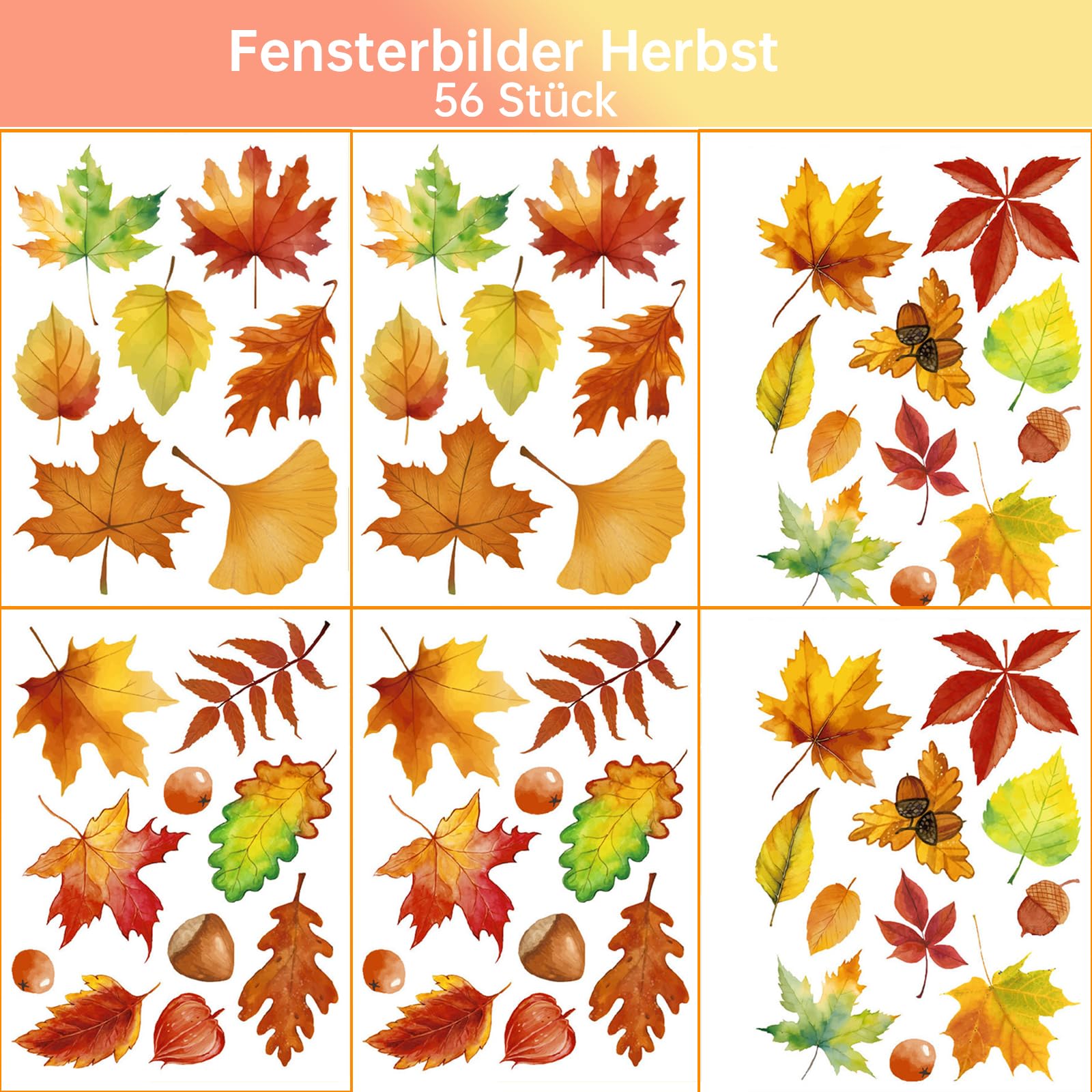 GoldRock Fensterbilder Herbst Deko, 56 Stück Herbstdeko Fenster Innen, Ahornblätter Herbst Fensterbilder Selbstklebend,Thanksgiving Fensteraufkleber Herbst Groß,Herbst Dekoration Fenstersticker Kinder