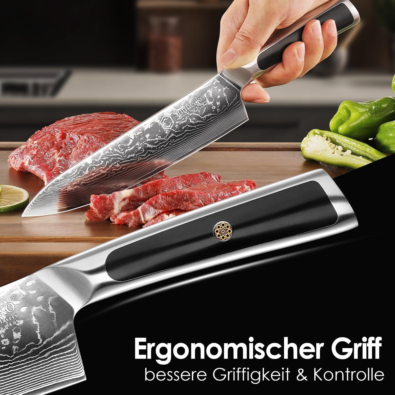 Sunnecko Damastmesser 20cm Kochmesser Küchenmesser | Scharf Messer aus Damaststahl, Damast Küchenmesser mit Ergonomischer Griff, Fleischmesser für Küche