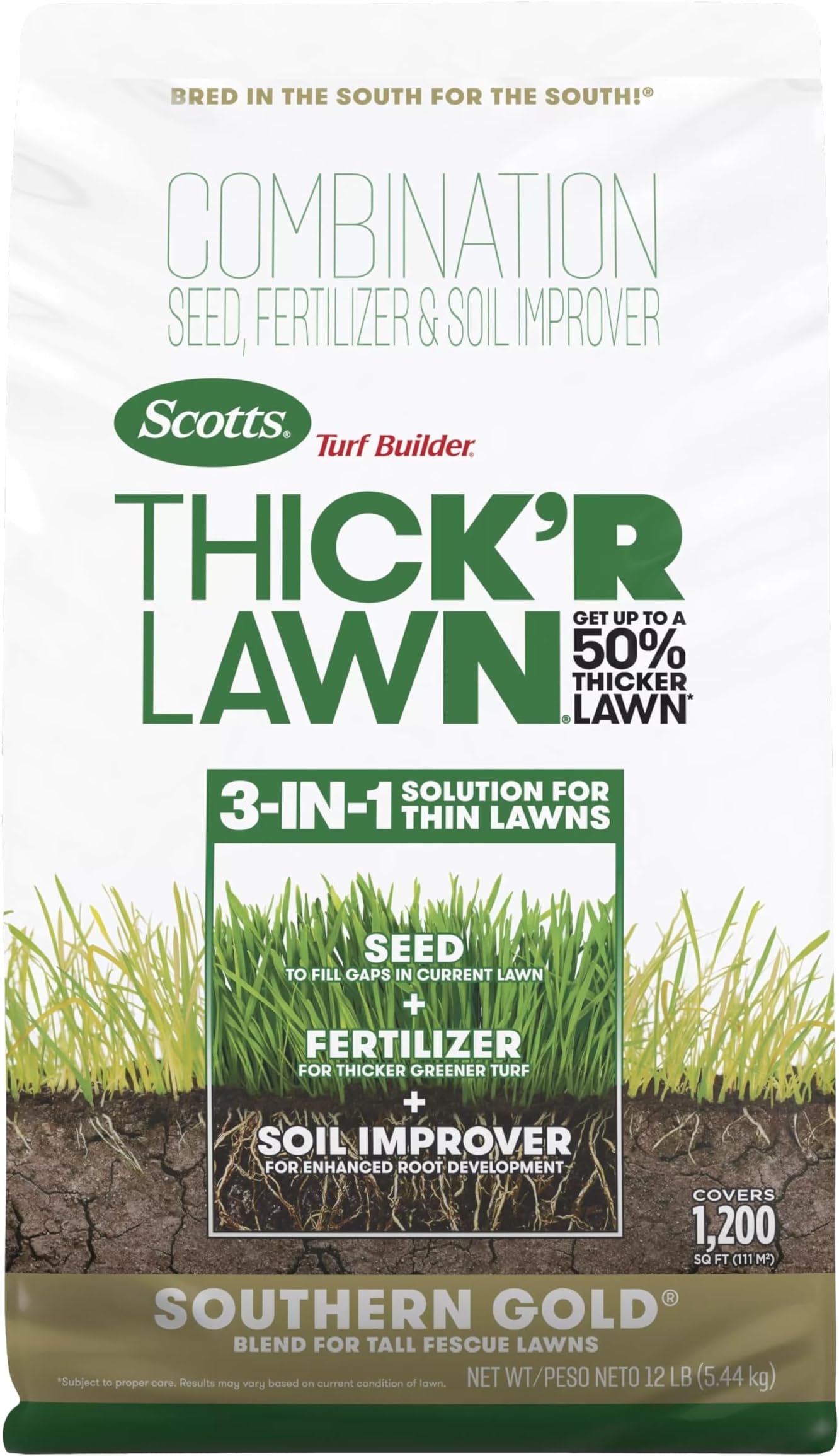 Turf Builder Thick'R Lawn Southern Gold Blend for Tall Fescue Lawns - Grass Seed, Grass Fertilizer, and Soil Improver, Covers 1,200 sq. ft.,12 lb.