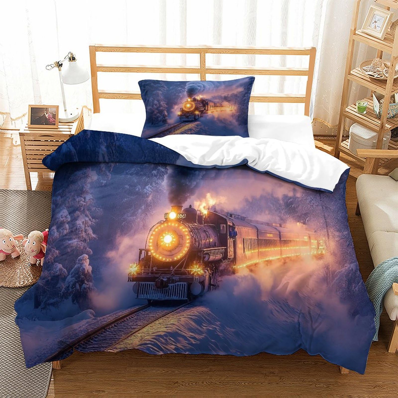 LILIlaobiao Steam Train Breathable Bedding Set Hidden Zipper Choochoo Duvet Cover Set with Pillowcases Quilt Cover Set Soft Microfiber 3D Printing Comforter Cover Single（135x200cm）