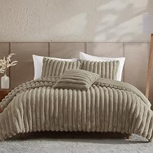 Riverbrook Home Everett Faux Fur Comforter Bedding Set, Full Queen Size, Textured Decorative Decor, Taupe, 4 Pieces