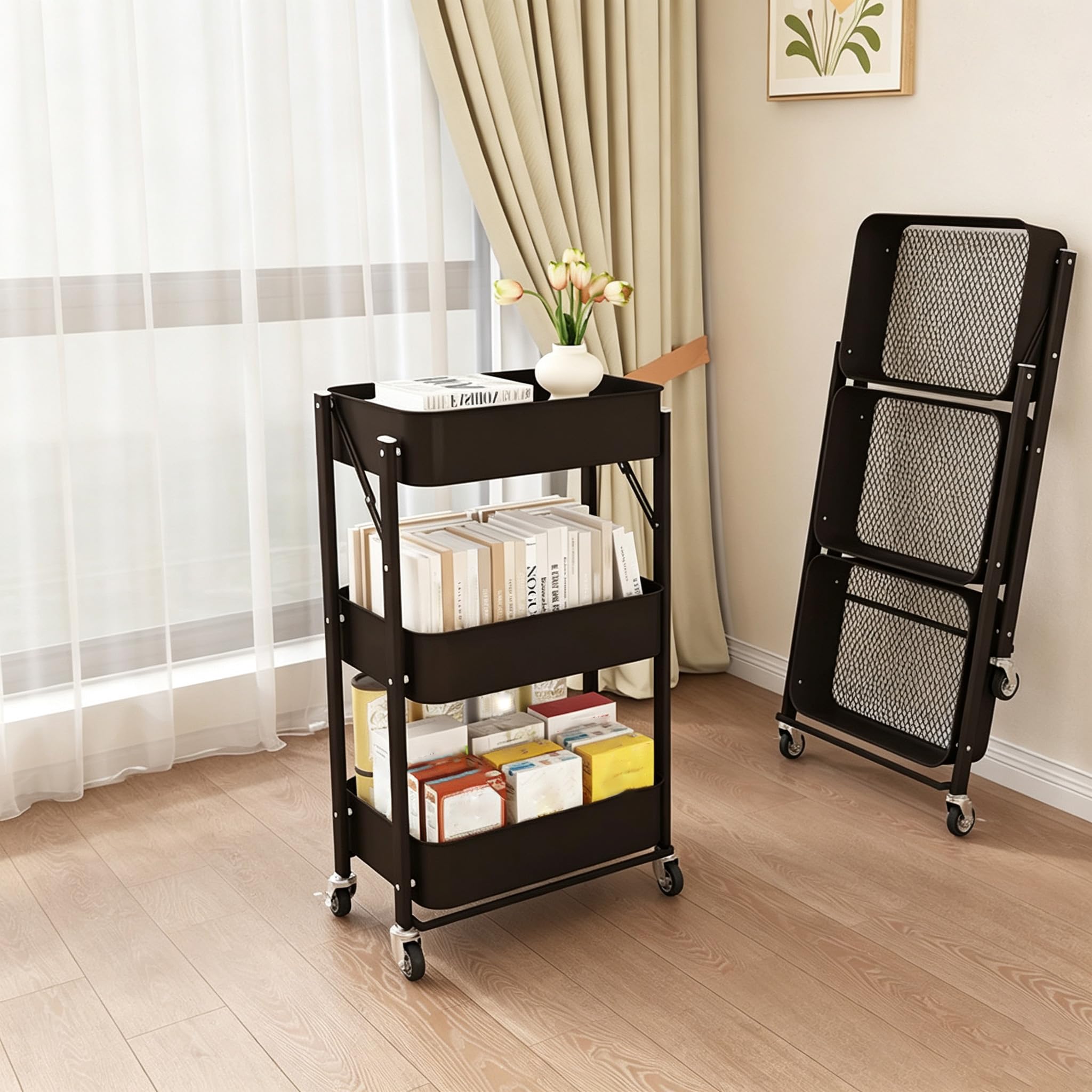 3-Tier Trolley On Wheels, Space-Saving Metal Foldable Bathroom Trolley