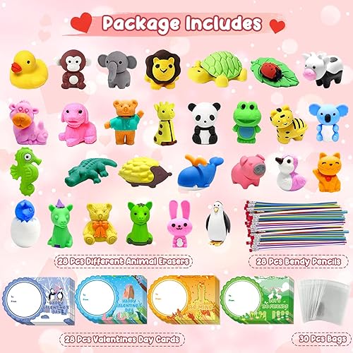 Miniatura 2 de Paquete de 28 regalos para el día de San Valentín para niños, tarjetas de San Valentín, regalos de aula con papelería, lápices de borradores de