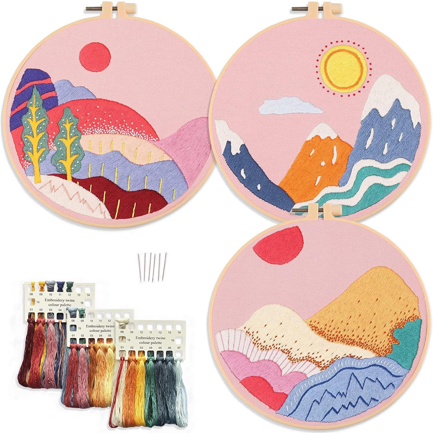 JoyzzzEmbroidery Starter Kit, 3 Pack Embroidery kit with Pink Embroidery Cloth, Pattern of Mountains, Also Includes Needle, Hoop, Thread and Instructions for Kids Adults Beginners