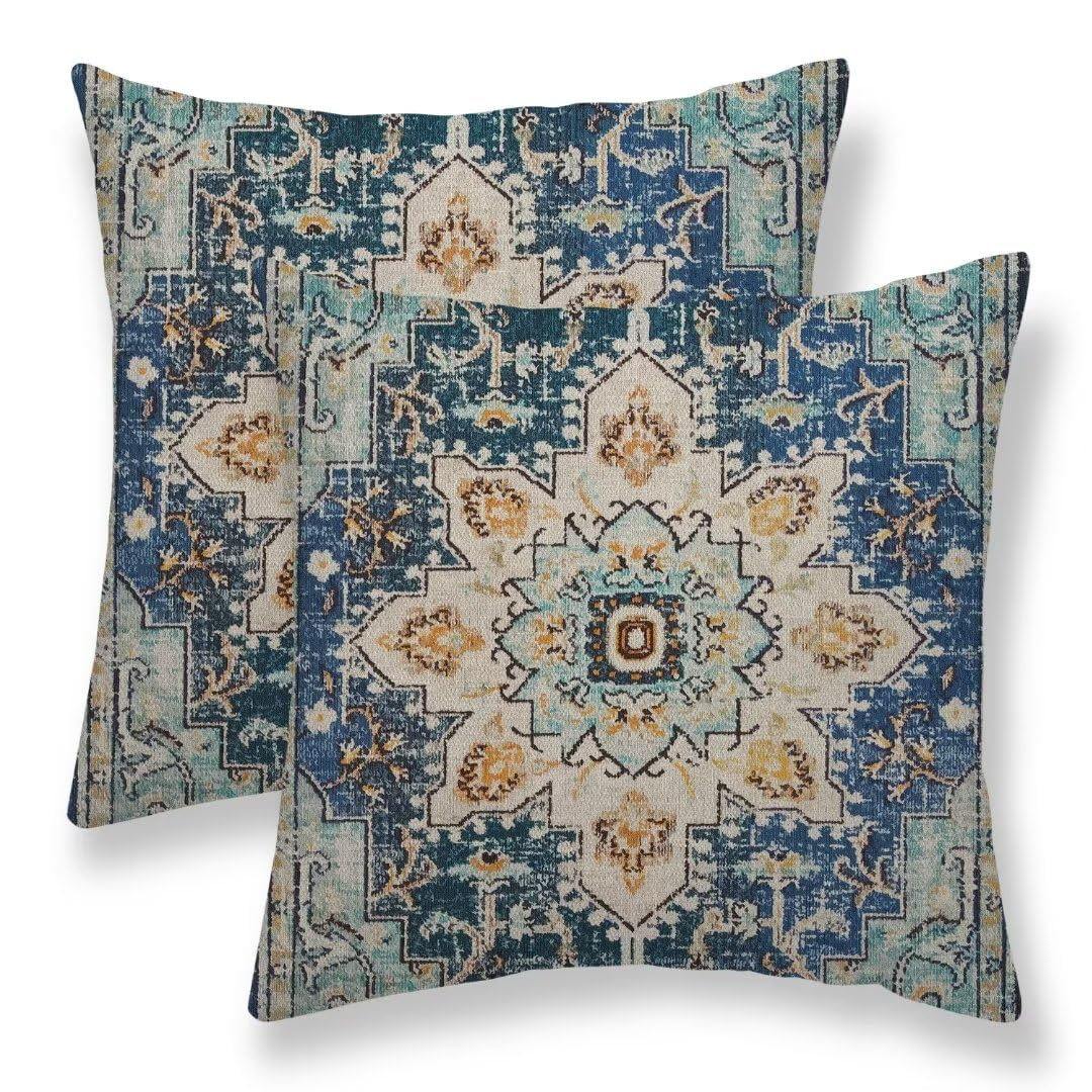 Boho Pillow Covers 16x16 Set of 2, Light Blue Beige Carpet Pattern Outdoor Decorative Throw Pillows Vintage Linen Ethnic Rustic Farmhouse Cushion Cases for Couch Sofa Decor