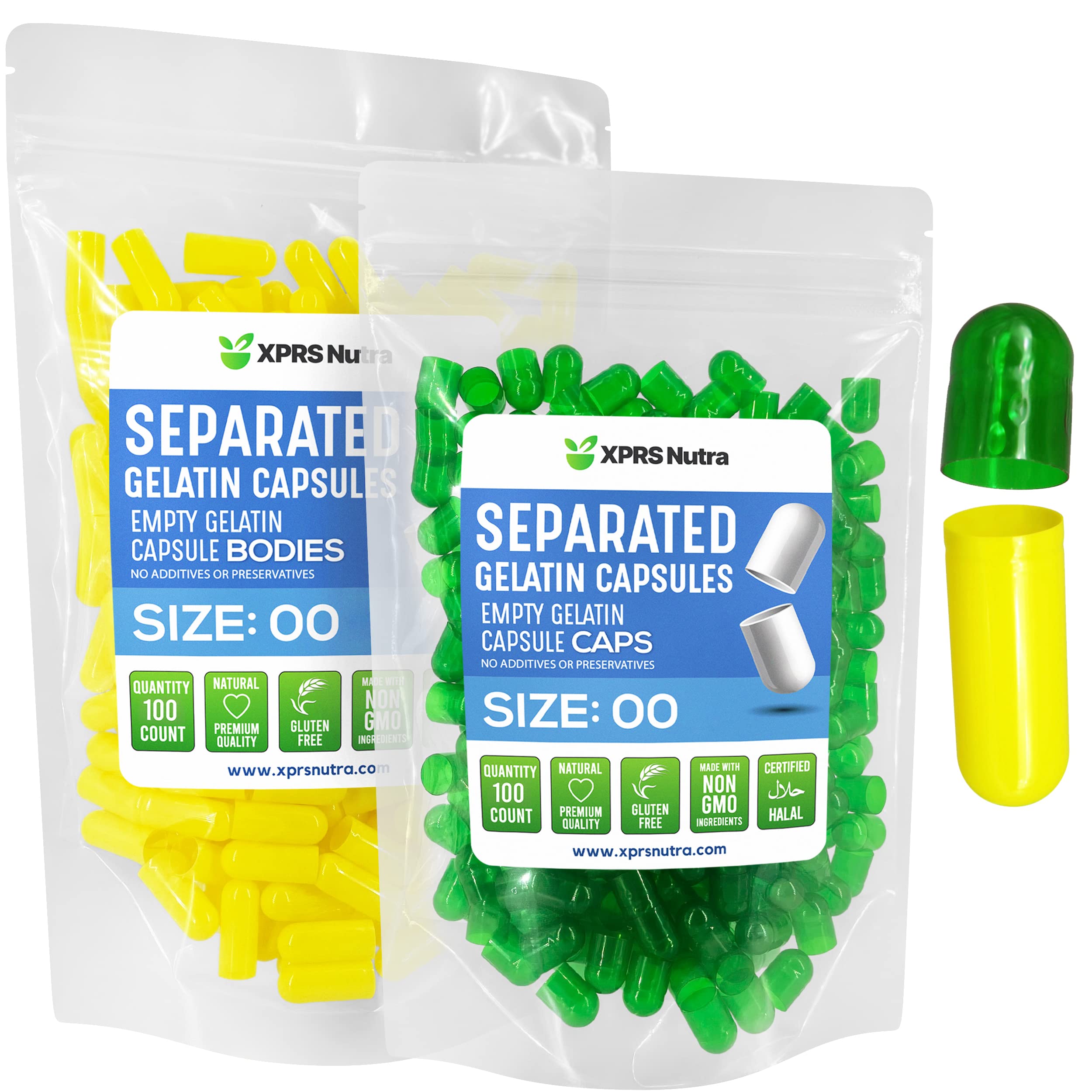 XPRS NutraSize 00 Separated Capsules - 100 Count Gelatin Empty Capsules Separated in Bags - Separated Empty 00 Capsules - Pill Capsules Empty for DIY Supplement Filling (Green/Yellow)