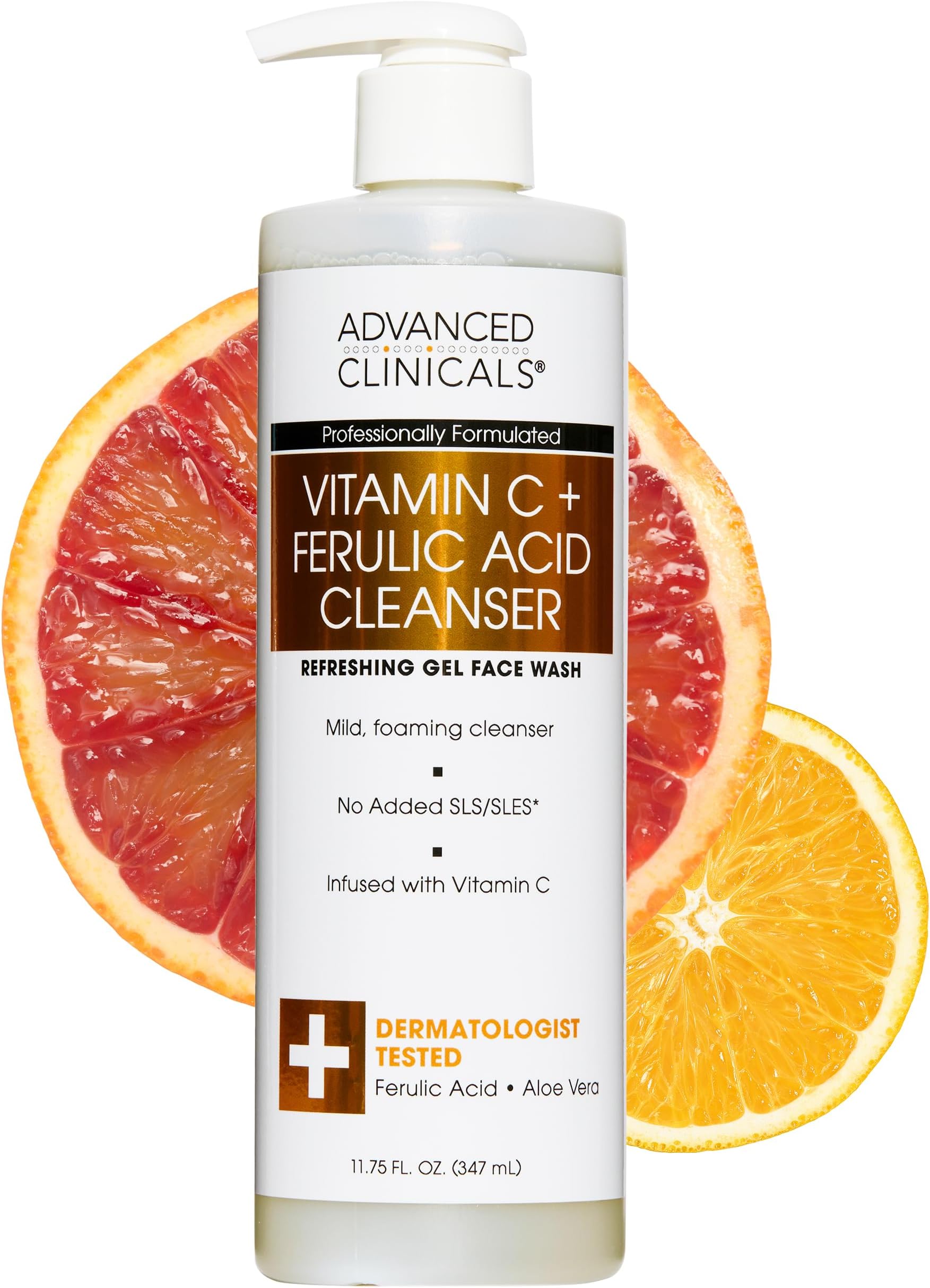 Advanced Clinicals Gentle Vitamin C Face Wash For Women & Men | Citrus Scented Gel Facial Cleanser Soap | Aloe Vera + Ferulic Acid Hydrating Foaming Wash For Cleansing Dirt & Oil, Large 11.75 Fl Oz