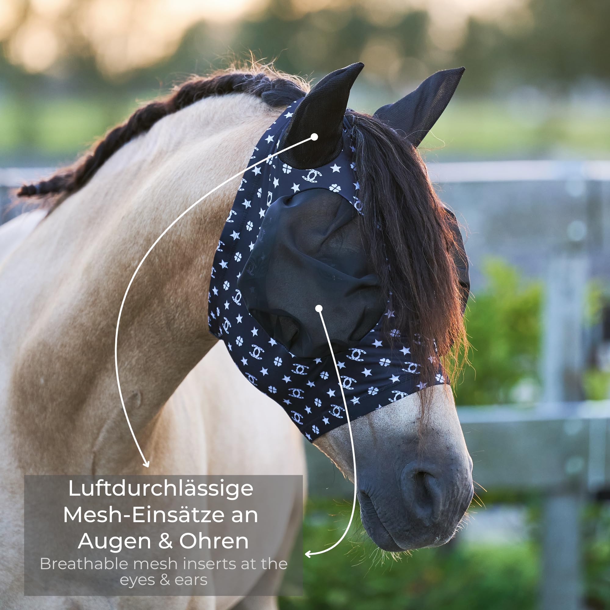 Imperial Riding Fliegenmaske „Trail Ride“ ohne Nasenschutz, Schwarz AOP, Full
