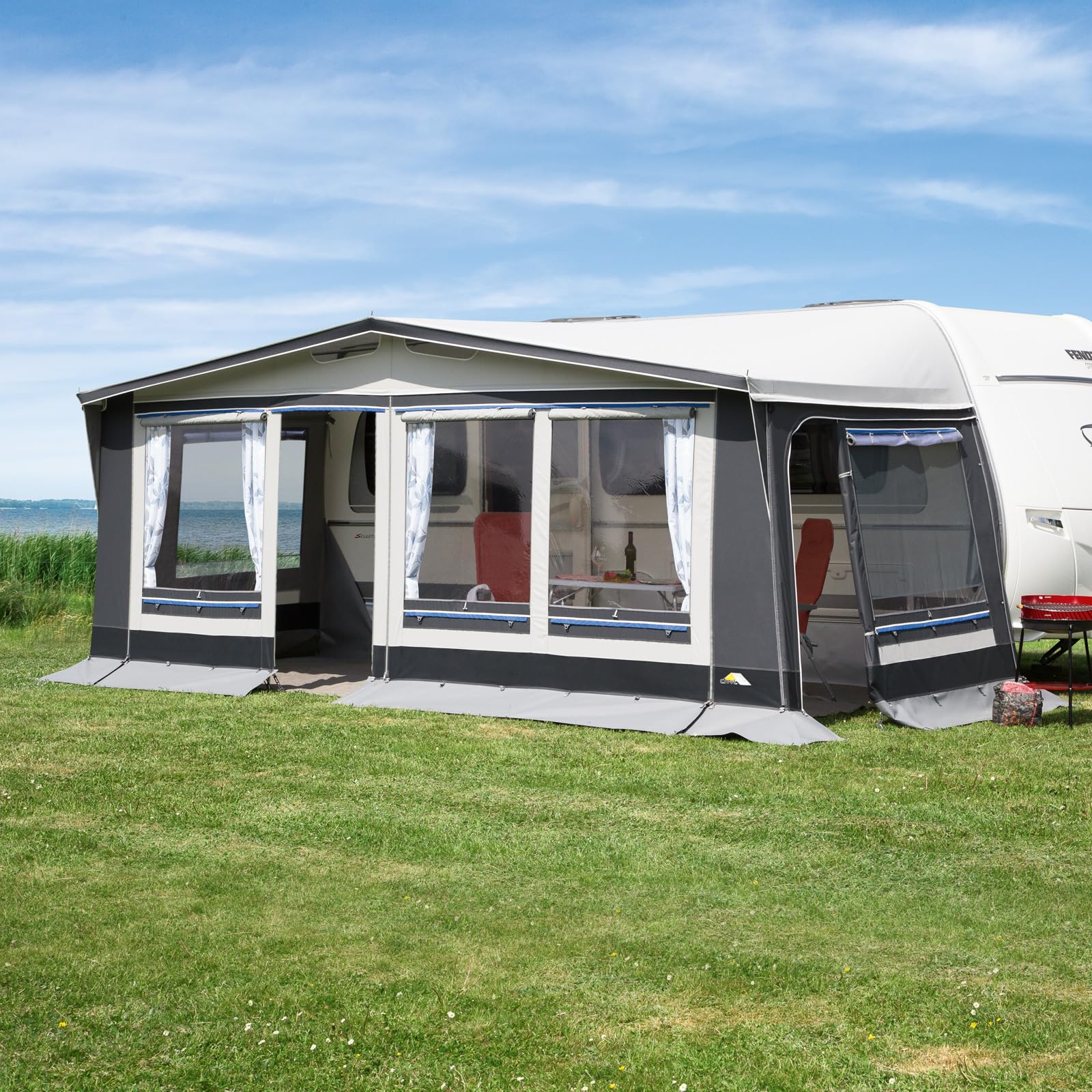 DWT Wohnwagen Vorzelt Polo für Reise- und Saisoncamping, 240 cm Tiefe, hochwertiges und beidseitig kunststoffbeschichtetes Polyestergewebe, 5-teiliges Zelt