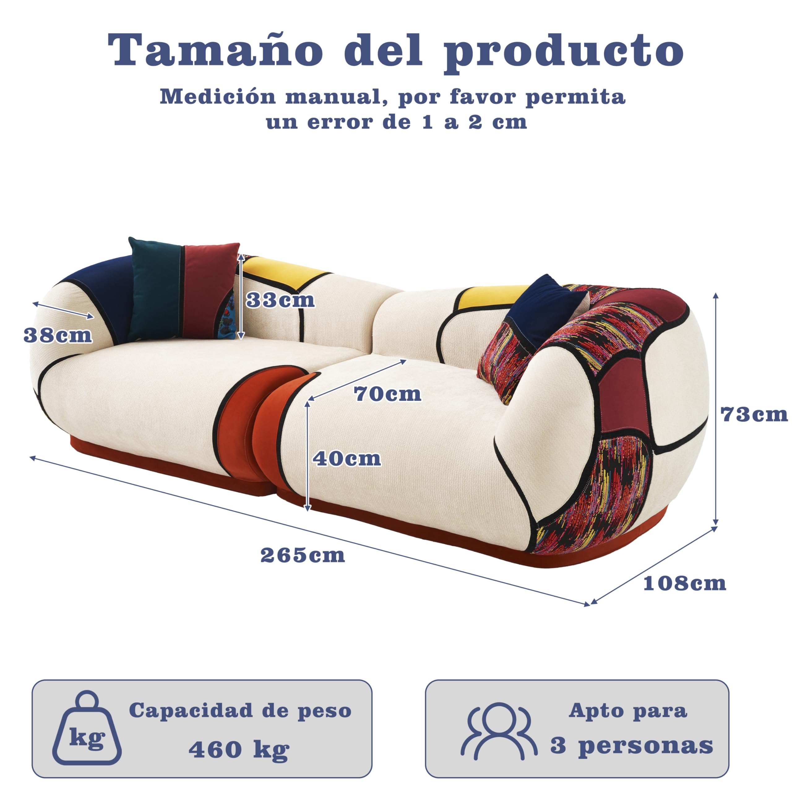 Vipbear Sofá de 3 Plazas de 265 cm, Sofá de Salon Estilo Bohemio, Tapizado de Chenilla Sin Muelles, Espuma de Alta Densidad, Modular para el Salon, No Requiere Montaje