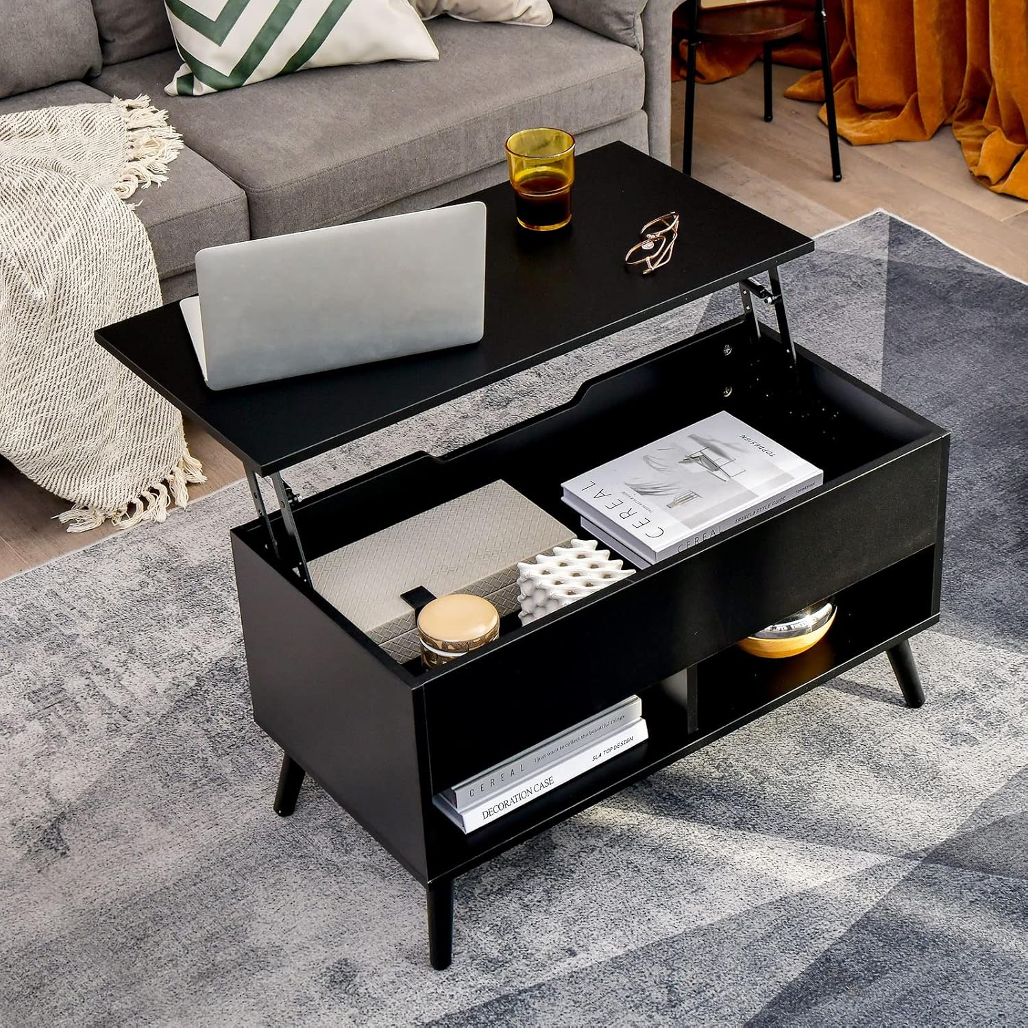 UIIAIOUIAIO Lift Top Coffee Table with Hidden Compartment, Storage Shelf, 2 Open