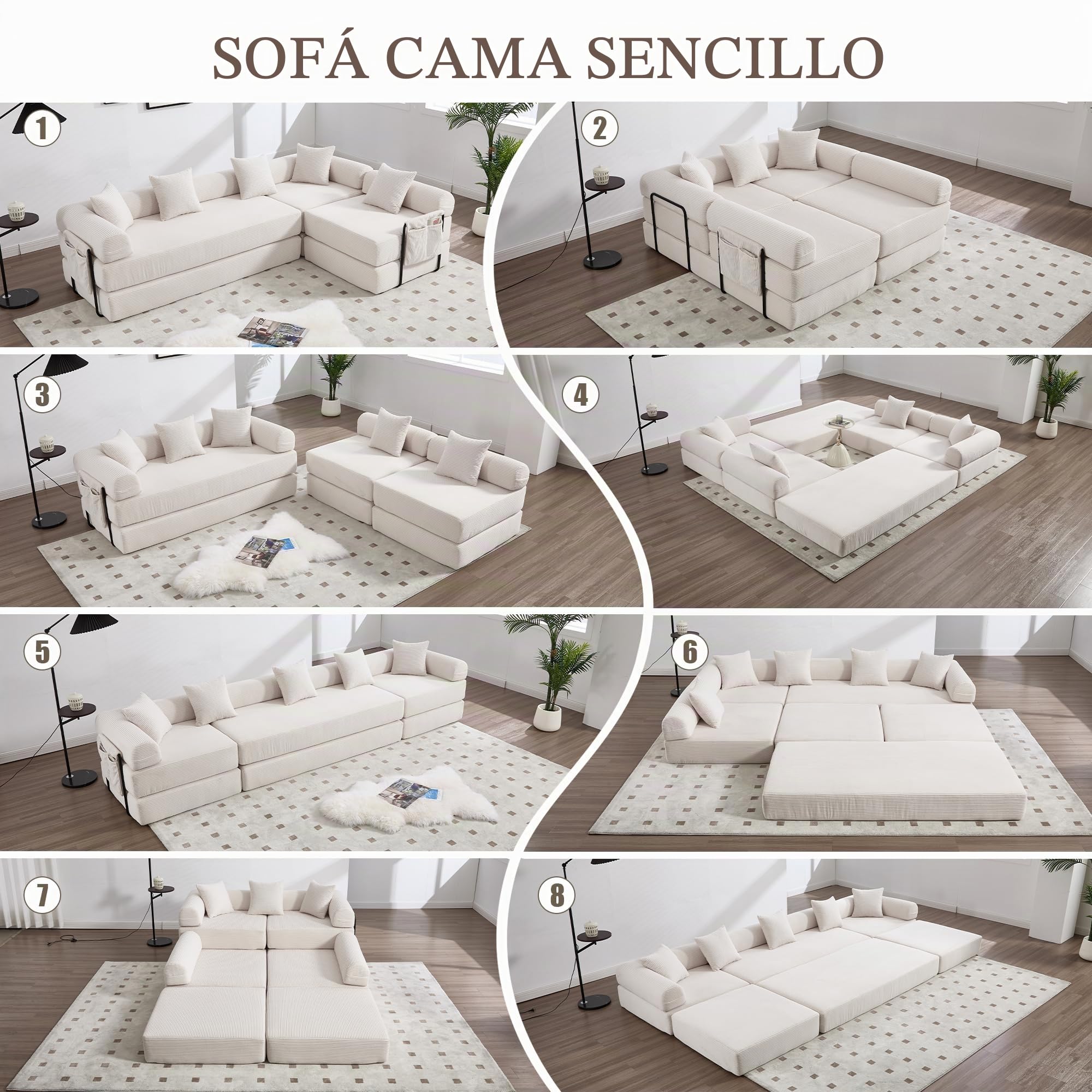 Lubvtti Sofá cama de 3 plazas con bolsillos laterales más 3 cojines, estructura de metal resistente, sofá modular plegable de compresión, sofá de 3 plazas de terciopelo acanalado (B-beige + 5 plazas)