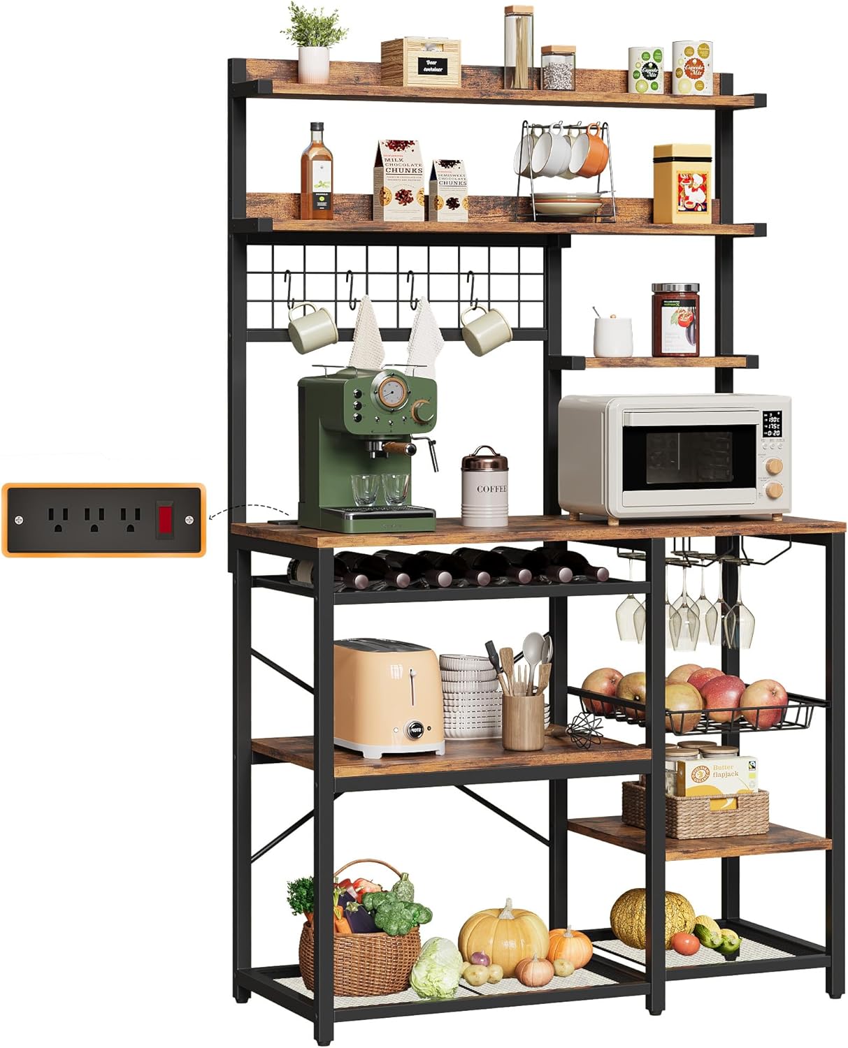 IRONCK Bakers Rack with Power Outlet, 7-Tier Coffee Bar Microwave Stand, Solve Kitchen Clutter with Wine Rack, Wire Basket and Hooks, Rustic Brown